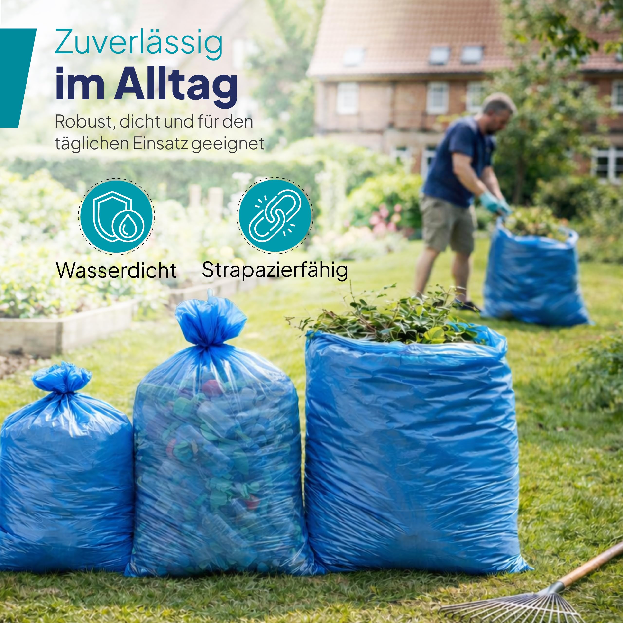 Inoverse 100 unidades (10 rollos) bolsas de basura de 150 litros, resistentes al desgarro, 80 x 120 cm, bolsas de basura azules, bolsas de basura de LDPE reciclado