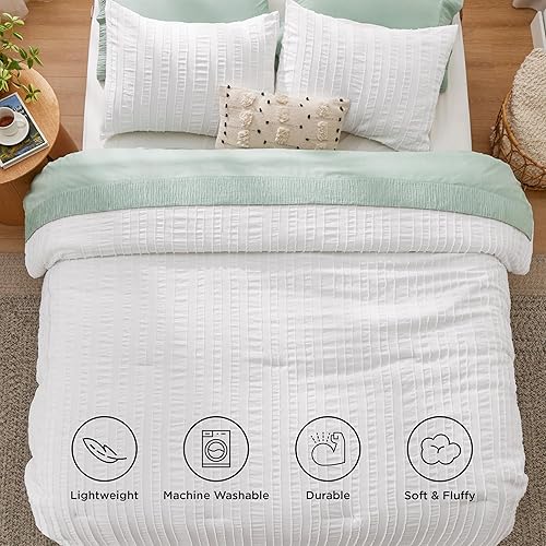 Miniatura 4 de Bedsure Juego de edredón bohemio tamaño matrimonial, juego de edredón blanco copetudo, juego de cama de 3 piezas con bordado rústico y elegante,