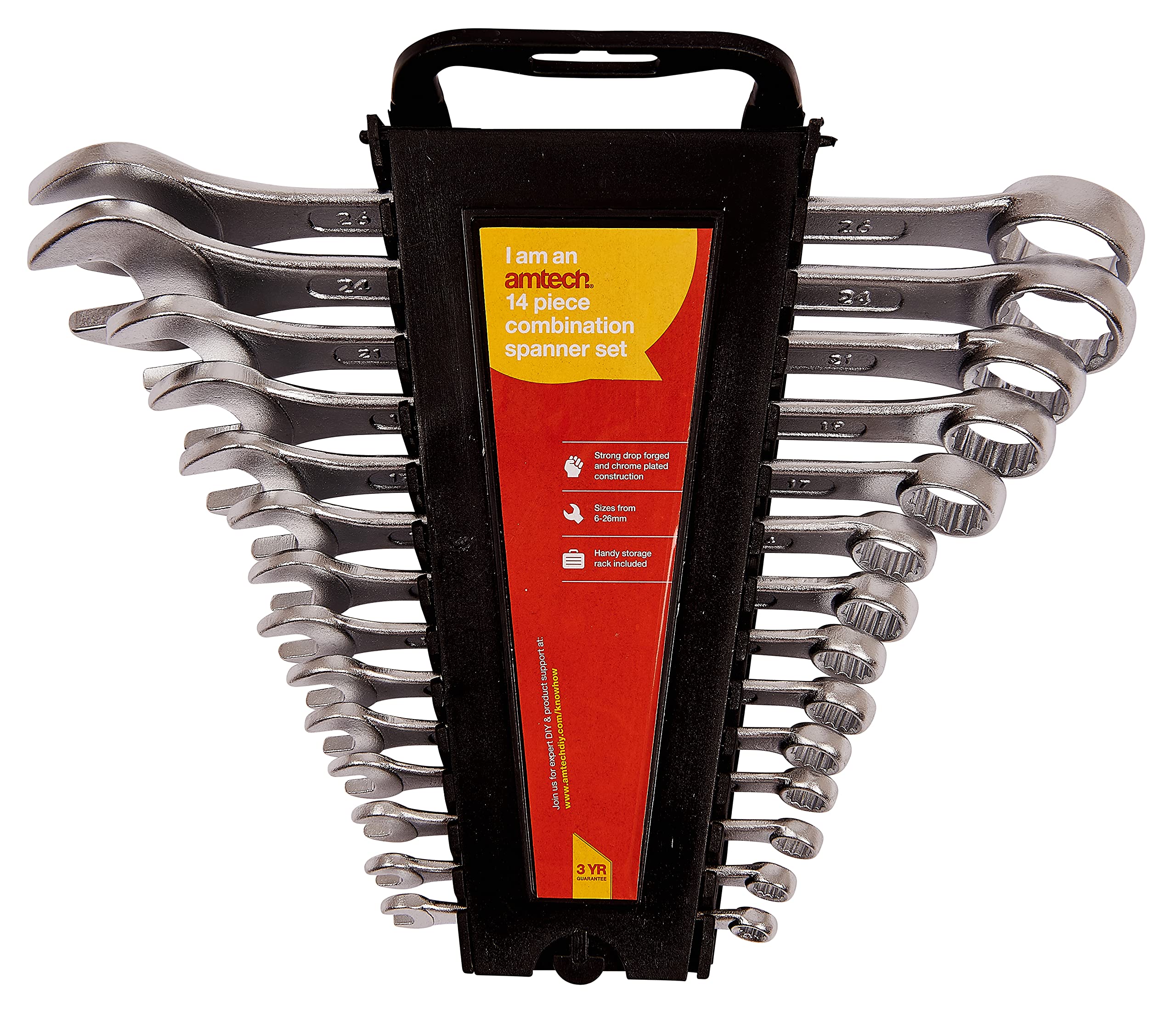 Amtech – Combination Metric Spanner Set, Drop-Forged Chrome Plated Steel with Polished Heads, Automotive & Workshop Ready, Storage Rack Included, 14pc, 6–26mm