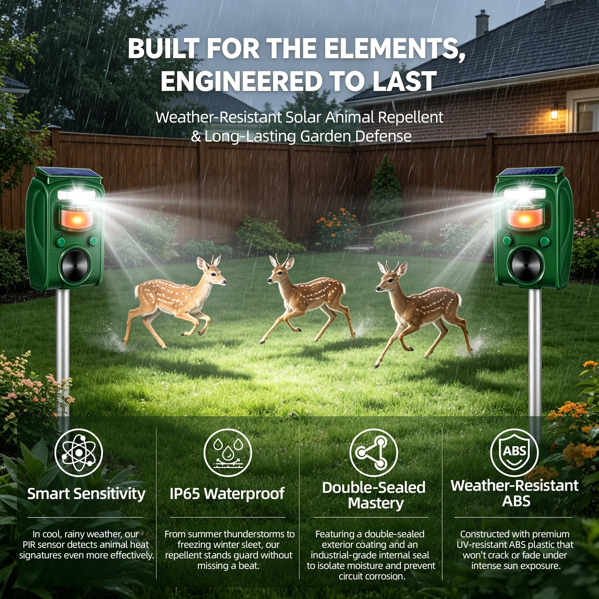 Paquete de 2 repelentes solares de animales ultrasónicos para exteriores con sensor de movimiento, luz estroboscópica para palomas, pájaros carpinteros, gatos, conejos, mapaches, ardillas, zorrillos