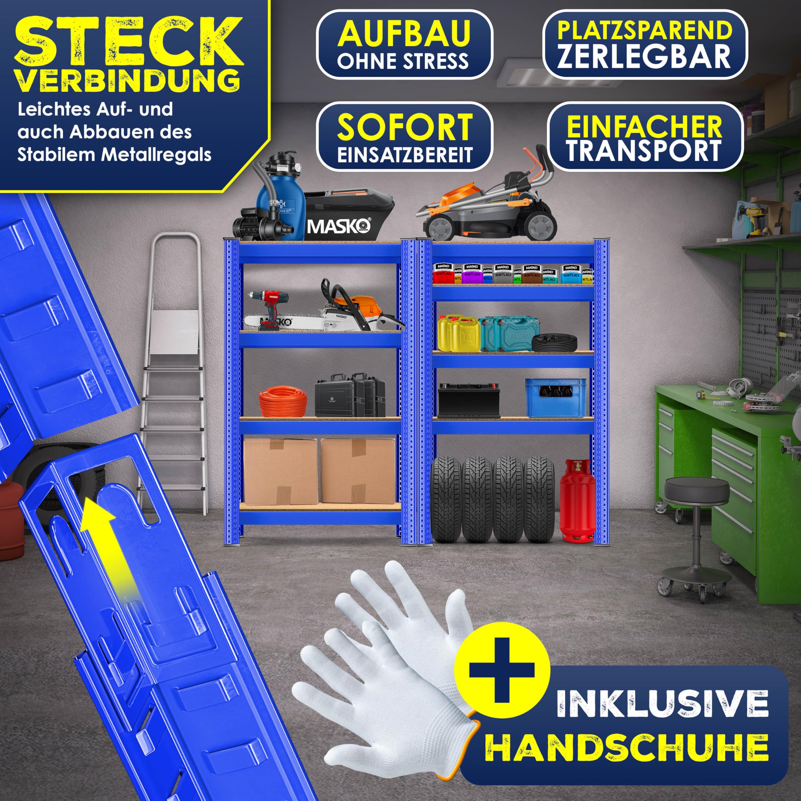 MASKO® Set de 2 estanterías de almacenamiento para cargas pesadas, 160 x 80 x 40 cm, hasta 700 kg, 4 estantes ajustables, tablero de fibra de densidad media y metal, para taller, sótano, garaje, azul
