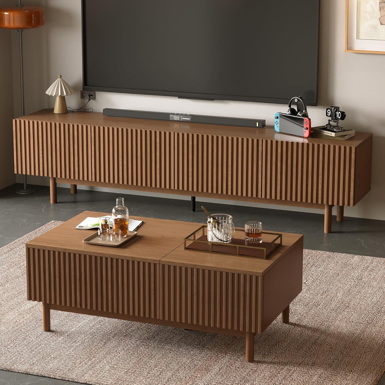 Living Room Furniture Set with TV Stand and Lift Top Coffee Table with Legs, 86.6" Entertainment Center Console for 75 Inch TV, Wood Slatted Storage Cabinet & Modern Center Table, Walnut