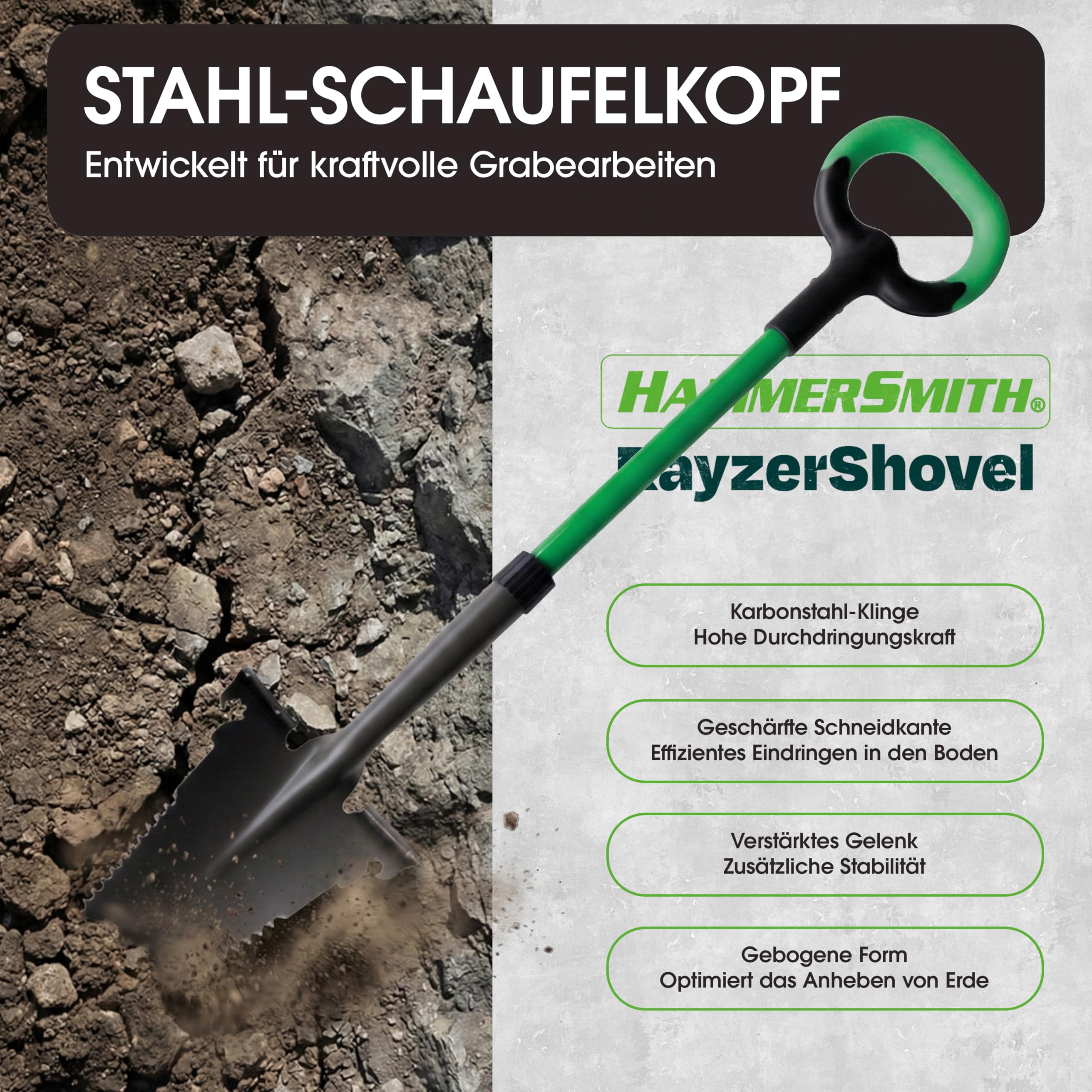 Hammersmith RayzerShovel - Spaten mit Wurzelsäge - Gärtnerspaten für Harte & steinige Böden zum Graben, Schneiden & Sägen - Trittkante für mehr Kraft, für Garten, BAU, Wurzeln entfernen