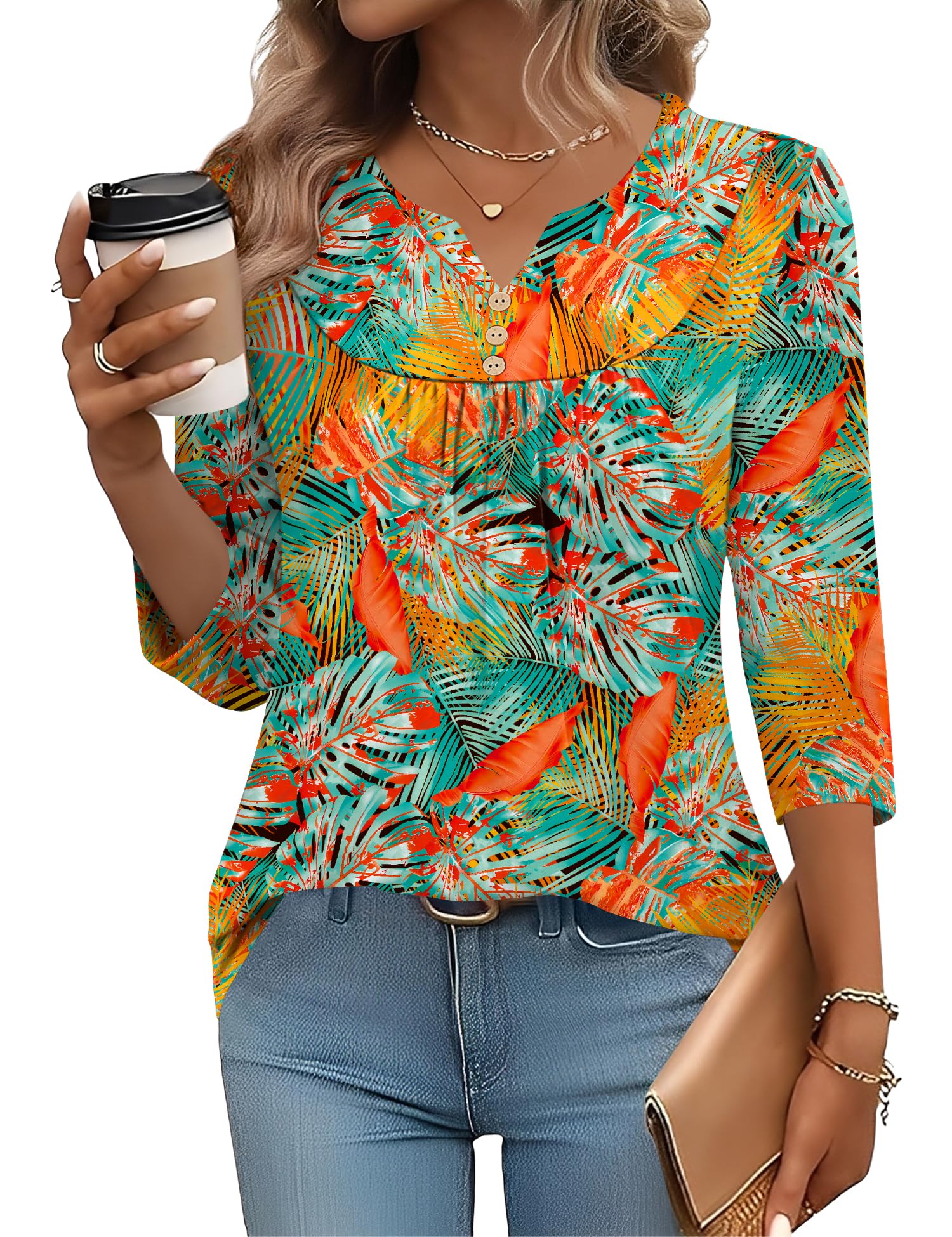 LOMON 3/4 Length Sleeve Womens Tops Dressy Casual Henley V Neck Blouses