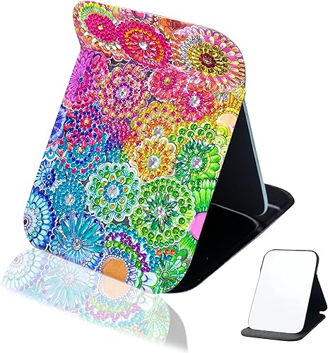 LUSandy Espejo de viaje con pintura de diamante de mandala colorido 5D, arte de diamante de doble cara, espejo rectangular ajustable portátil,