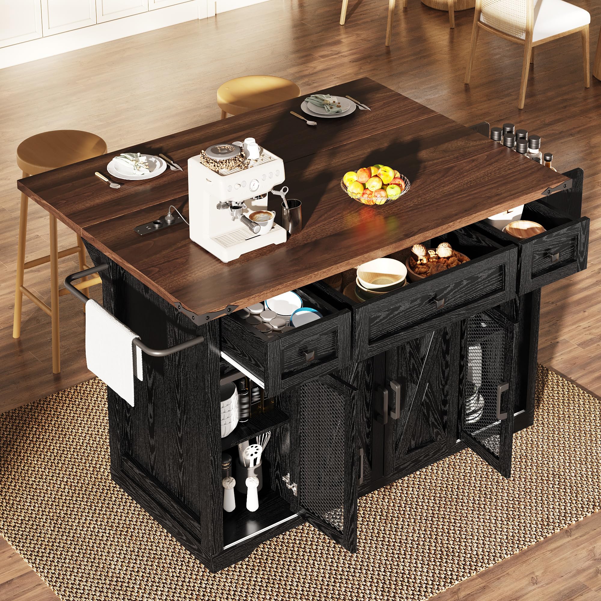 Carrello a isola da cucina con piano di lavoro estraibile, altezza di lavoro 91 cm, bianco/nero, portata fino a 75 kg