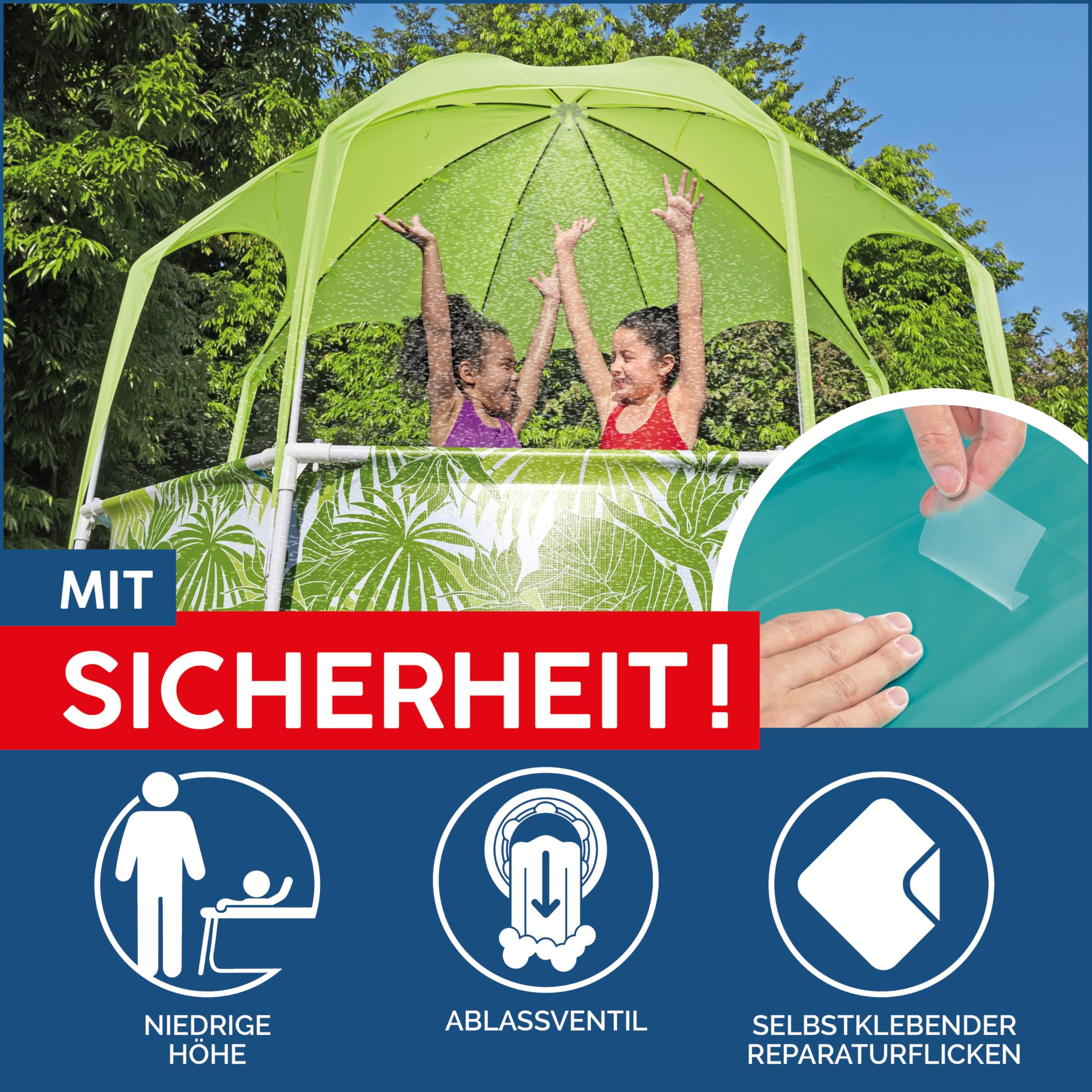 Bestway Steel Pro Frame Pool mit Sonnenschutzdach 244x51 cm – Runder Gartenpool mit Sprinkler & UV-Schutz, Aufstellpool für Kinder & Familie, Grünes Blätter-Design Sommer