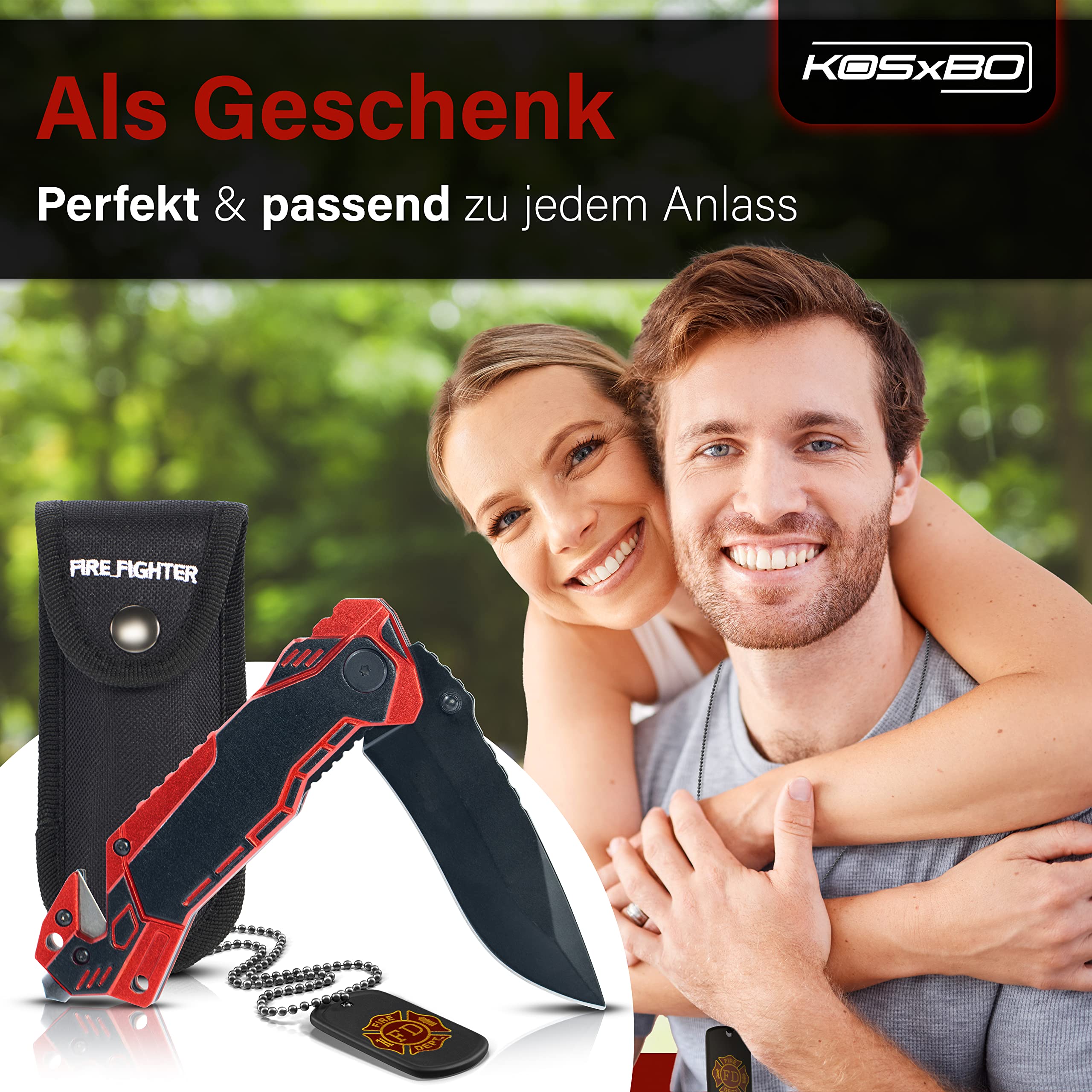 KOSxBO Firefighter Rescue Knife EMS Rettungsmesser mit Glasbrecher und Gurtschneider inkl. Messertasche und Dog Tag, Feuerwehr Messer Outdoor Taschenmesser Klappmesser