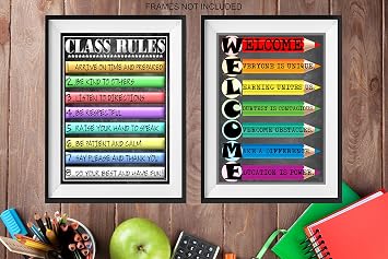 Welcome Acronym and Class Rules Posters- Laminated 14x19.5 in.- Educational Classroom Posters and Decoration, Back to School Supplies for Teachers, Charts for Preschool, Kindergarten, Elementary, Home School