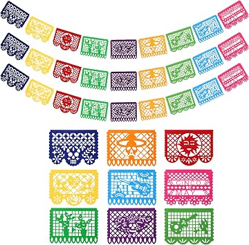 3 PCS Mexican Party Banners 9 Plastic Flags per Banner - Cinco de Mayo Dia De Los Muertos Decor Day of The Dead Decorations Mexican Fiesta Themed Party Decorations Supplies