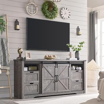 Farmhouse 66"Wood TV Stand for 75+ Inch TV, w/4 Drawers & Sliding Barn Door