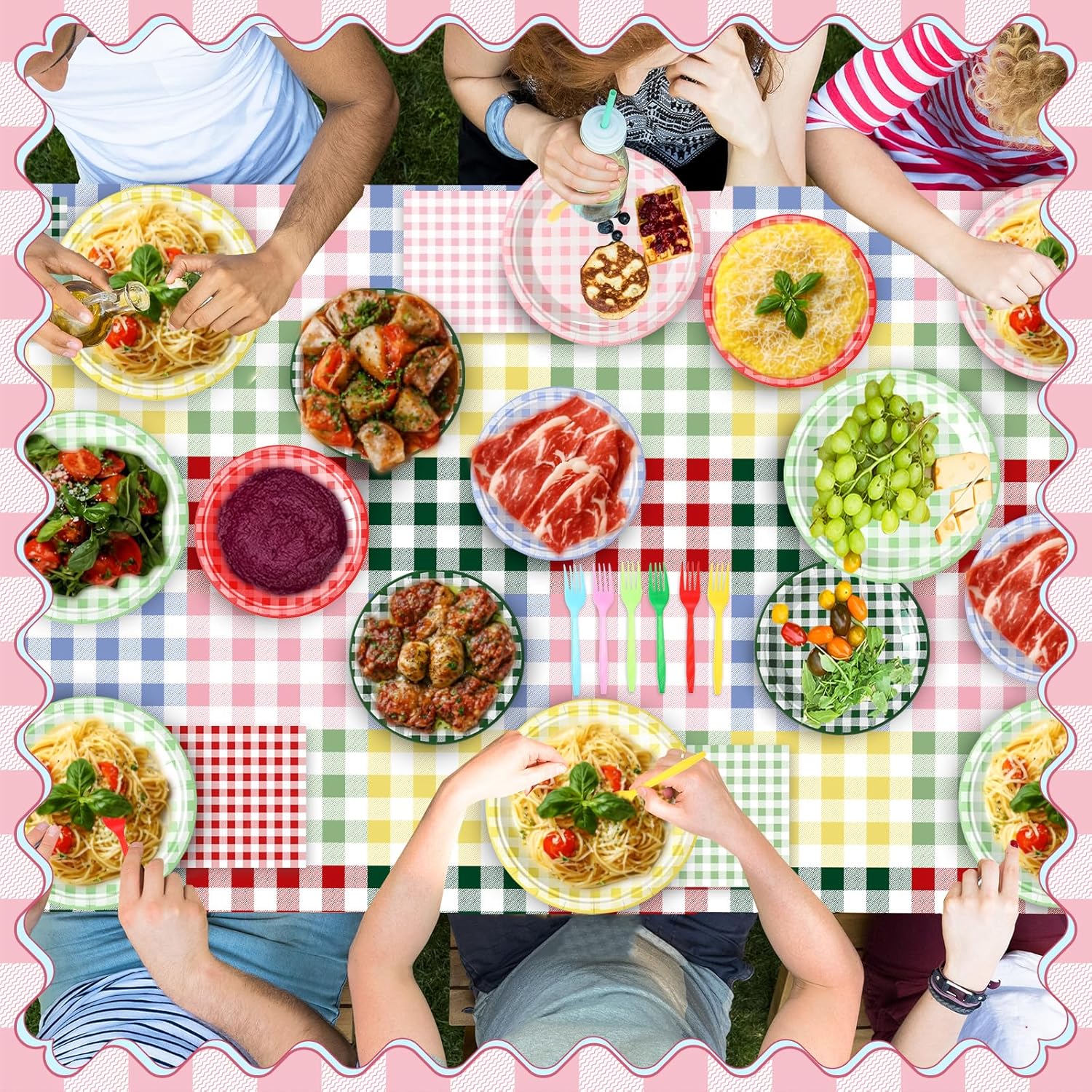 Vesici 48 Sets Camp Gingham Party Supplies Checkered Plaid Paper Plates Cups Napkins Tablewares Tablecloths Pennant Banner for Picnic BBQ Camping Gingham Birthday Baby Shower Bridal Shower Party Decor