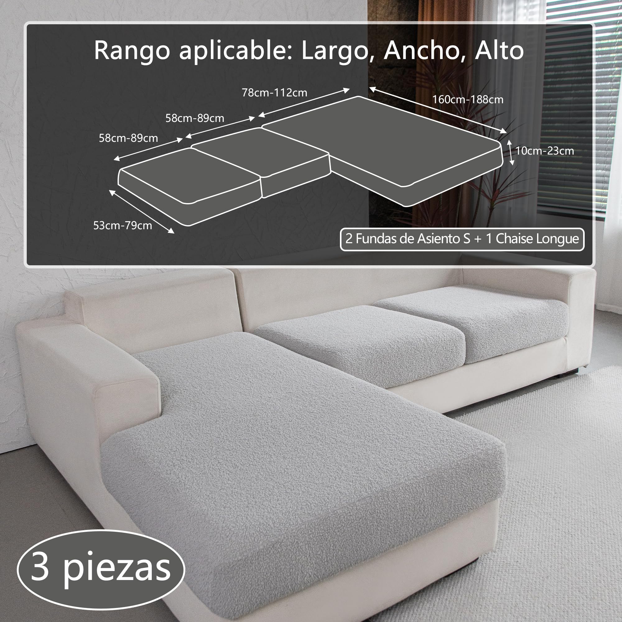 OHSIO Funda para sofá – Funda de cojín de Asiento Altamente elástica, Antideslizante, Lavable, Apta para Mascotas, Resistente (Gris Claro, 2 Fundas de Asiento S + 1 Funda Chaise Longue)