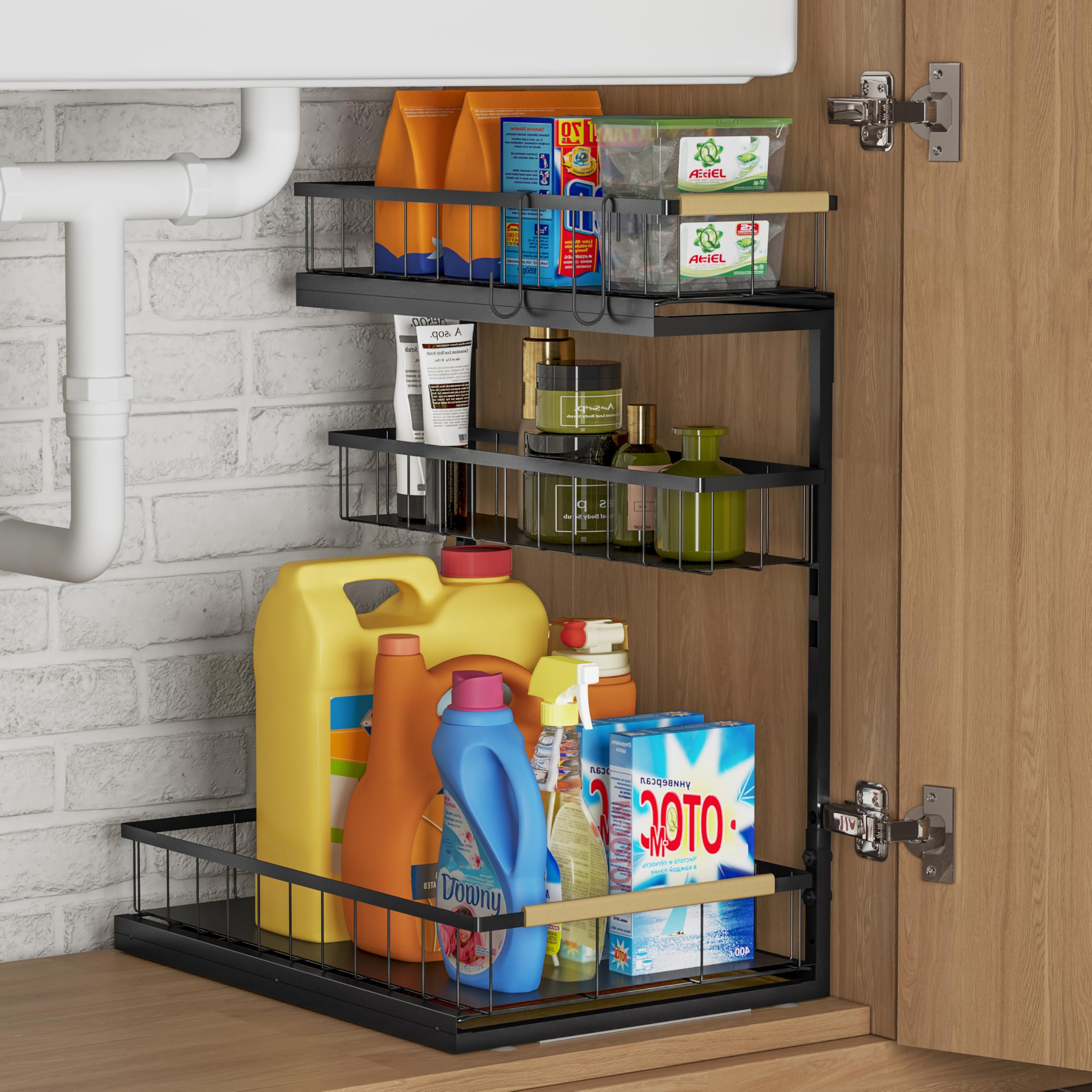 Fantasnight Organiseur de rangement sous évier de cuisine – 1 organiseur en métal pour placard – Tiroirs coulissants à 3 niveaux – Étagère de nettoyage coulissante pour salle de bain