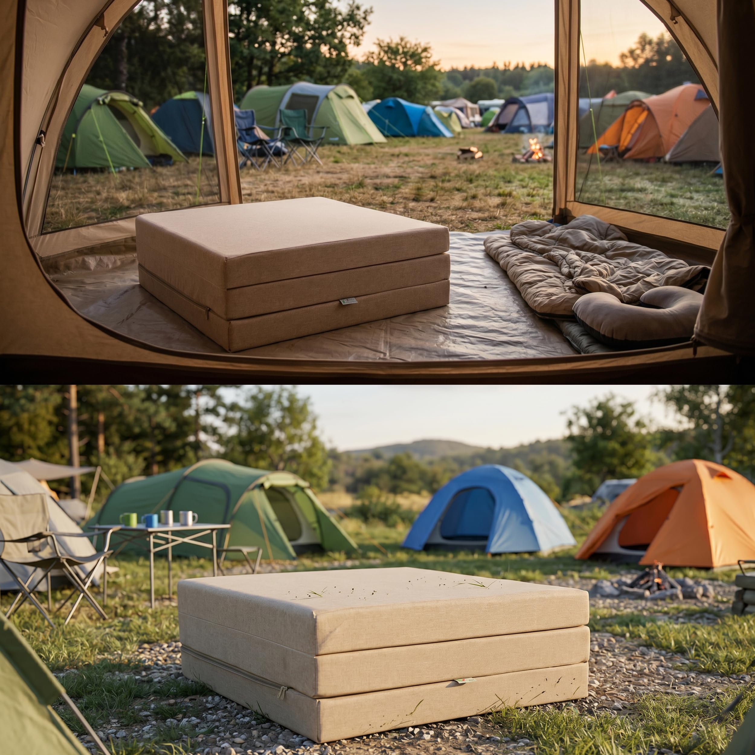 FORTISLINE Matelas Pliant 3 Parties 180 x 65 x 7 cm, Beige déperlant - Matelas d’appoint Pliable pour invité, Voyage et Camping, Housse Lavable