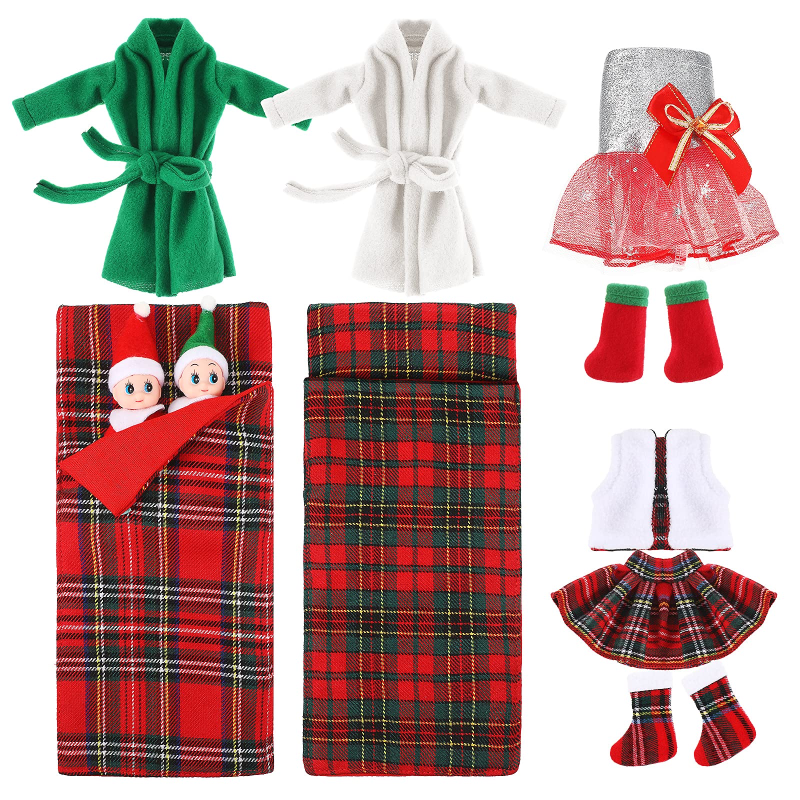 Zhanmai9 Pieces Santa Couture Clothing Elf Doll Clothes Christmas Doll Clothing Accessories Plaid Elf Doll Costume Includes Dress, Fluffy Vest, Skirt, Nightgown and Socks (Doll Not Include)
