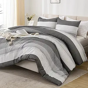 Litanika Dark Grey Comforter Set Super King Plus - 3 Pieces Lightweight Dark Grey Colorblock Stripe Fluffy Bedding Comforter Sets, All Season Bed Set