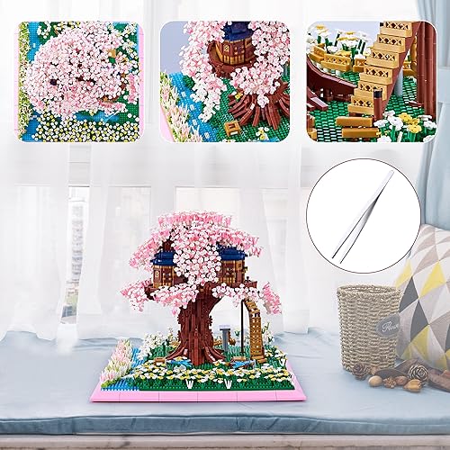 Miniatura 3 de YUJNS - Juego de microbloques de construcción de casa de árbol de Sakura mini ladrillos de cerezo japonés kit de modelo de bonsái de flor de cerezo
