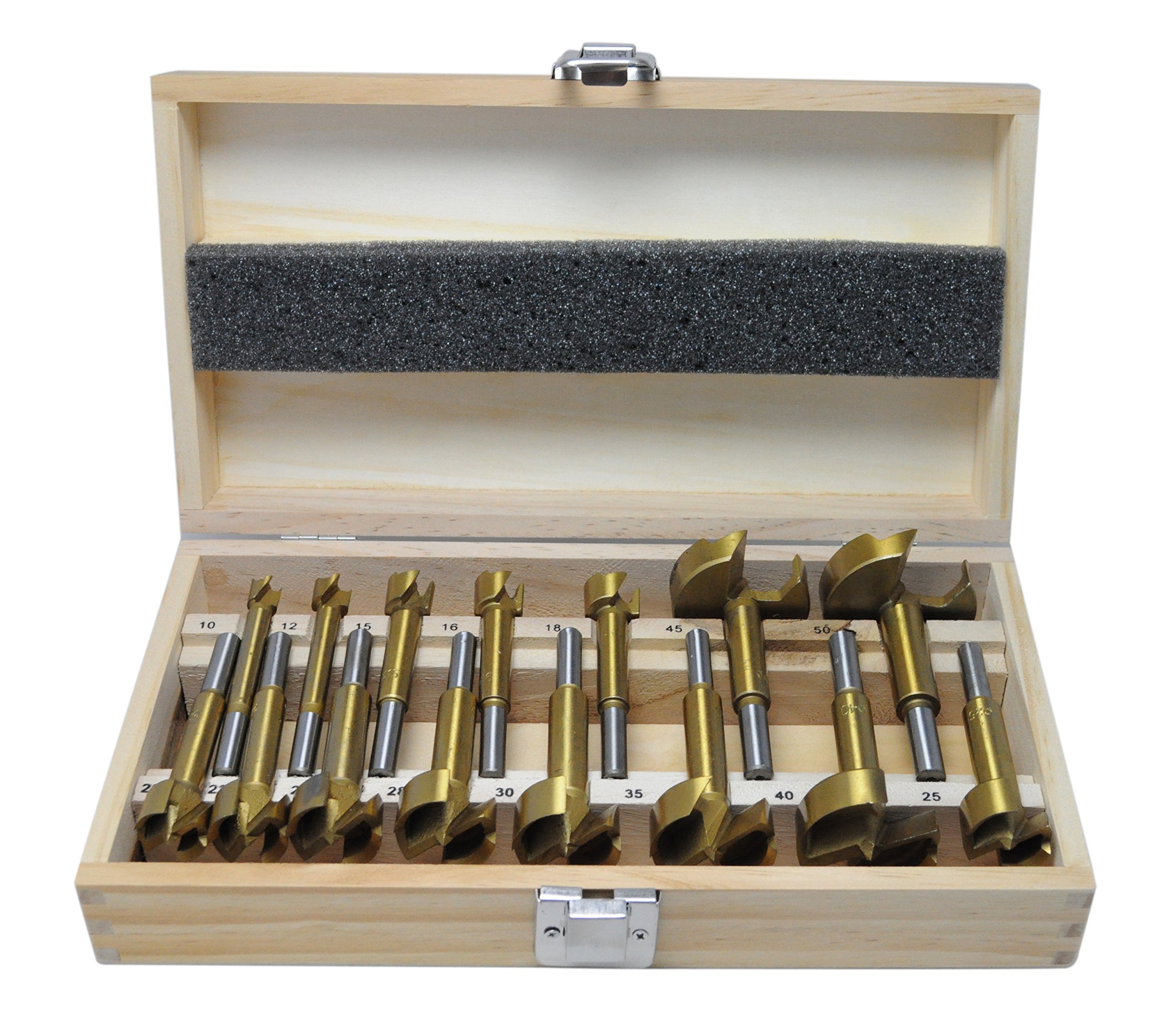 Set di 15 punte Forstner, per legno, 10 – 50 mm, titanio rivestito in TiN (Nitruro di Titanio)