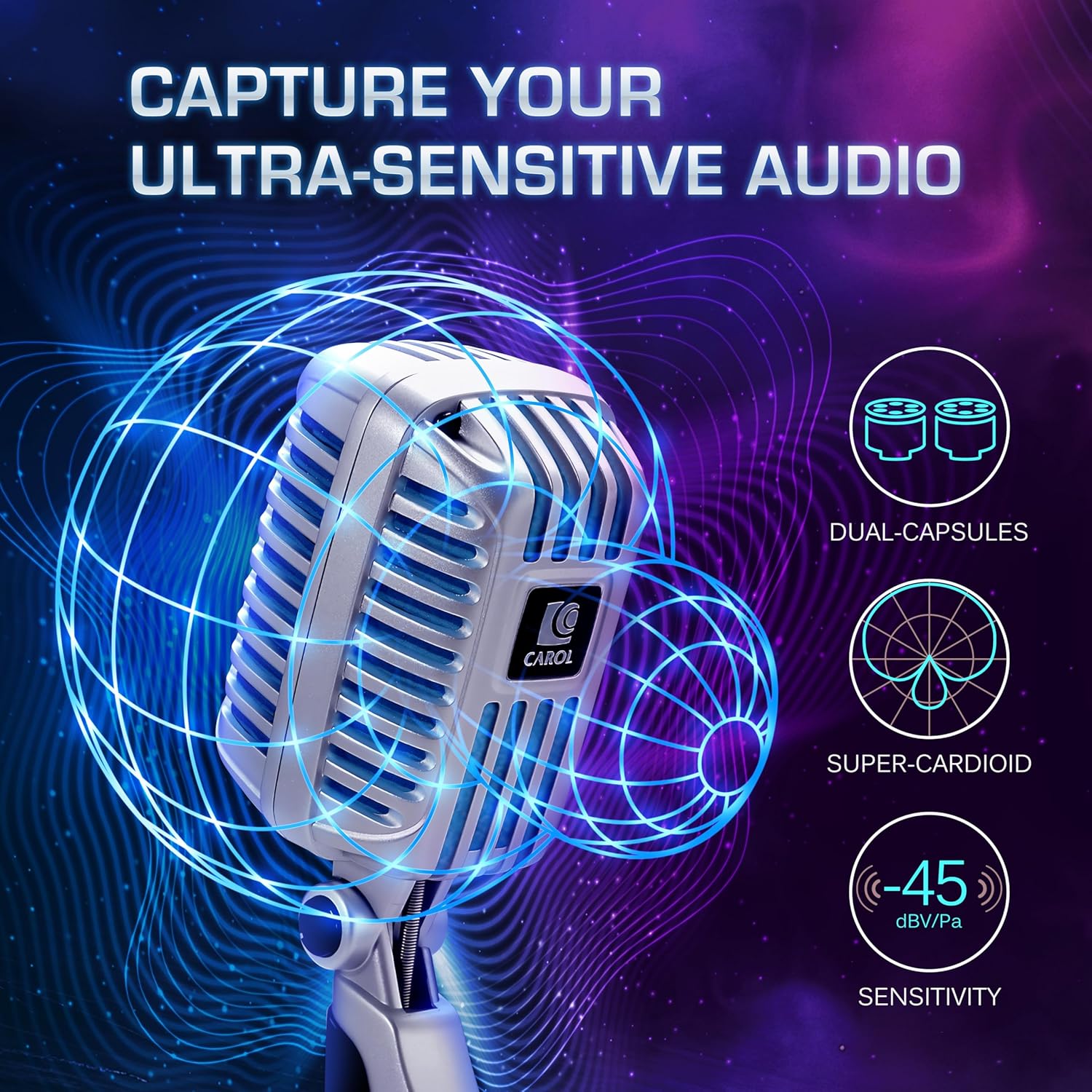 CAROL CLM-101 Professional Vintage Wired Microphone – Dynamic Supercardioid with Dual Microphone-Capsules for Singing, Karaoke, and Stage, Includes Mic, Storage Bag & Switch(Cable Not Included) - Blue