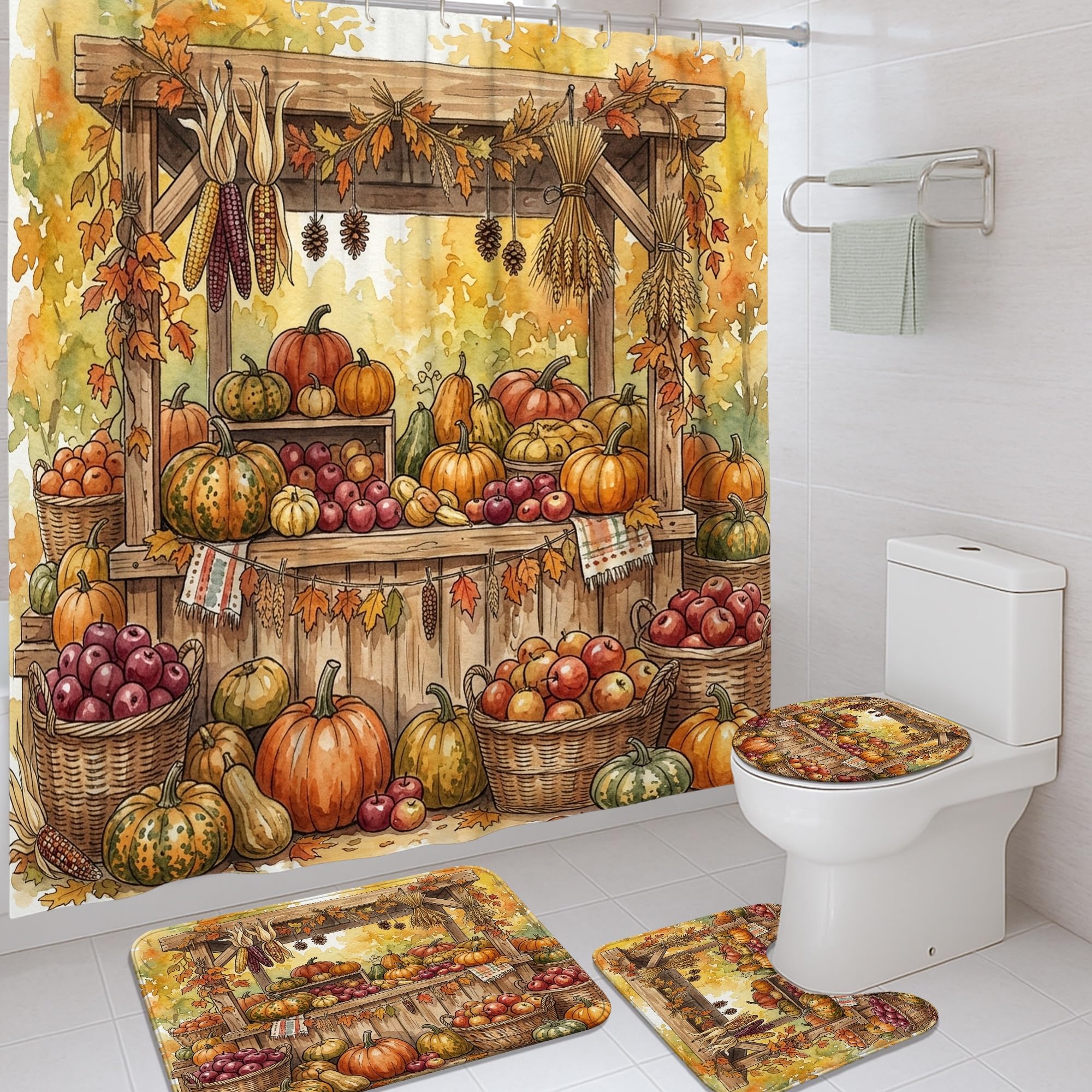 Rideau de douche citrouilles rustiques en polyester orange pour salle de bain 183x183 cm