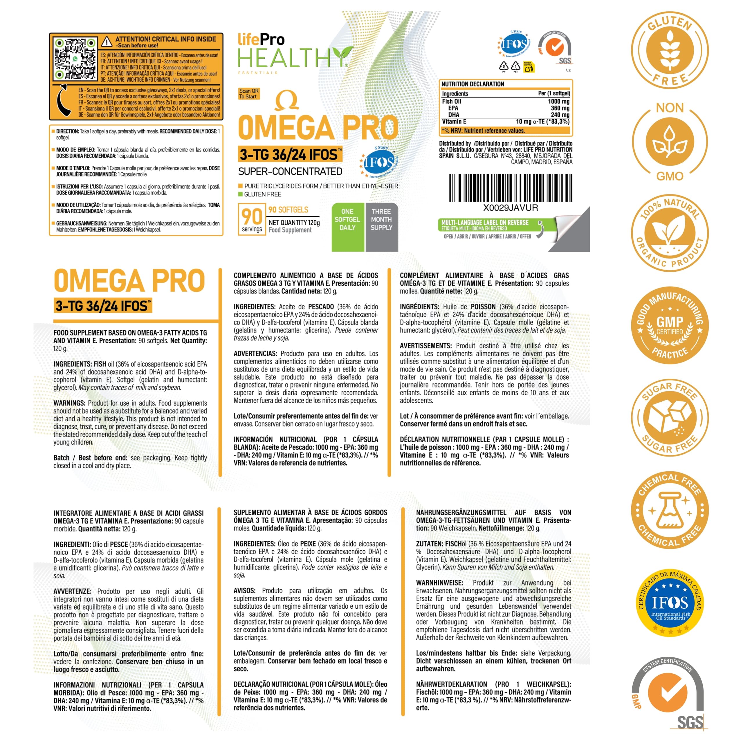 Omega 3 IFOS Capsulas 3000mg con Vitamina E, 30-90 Tomas - Life Pro Healthy, 35% EPA y 25% DHA, 3000mg por dosis diaria, Suplemento para la Salud Cardiovascular, Aceite de Pescado Puro y Destilado