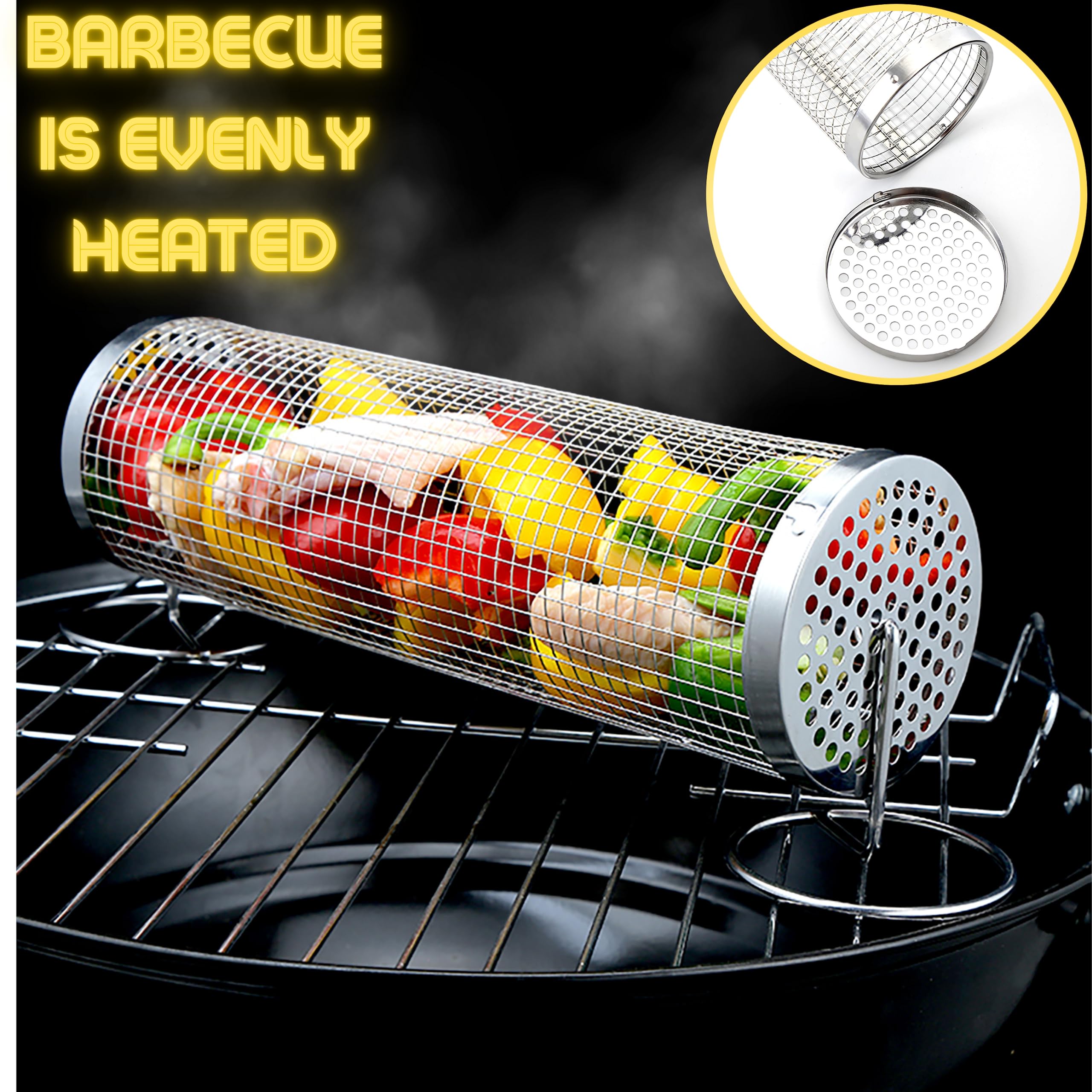 Rolling BBQ Grilling Basket with lid | Stainless Steel Barbecue Grill Basket for outdoor | BBQ Round Mesh Cylinder Cooking Accessories | Portable Grill, Dishwasher Safe, for Vegetables, Fries - 1 PC