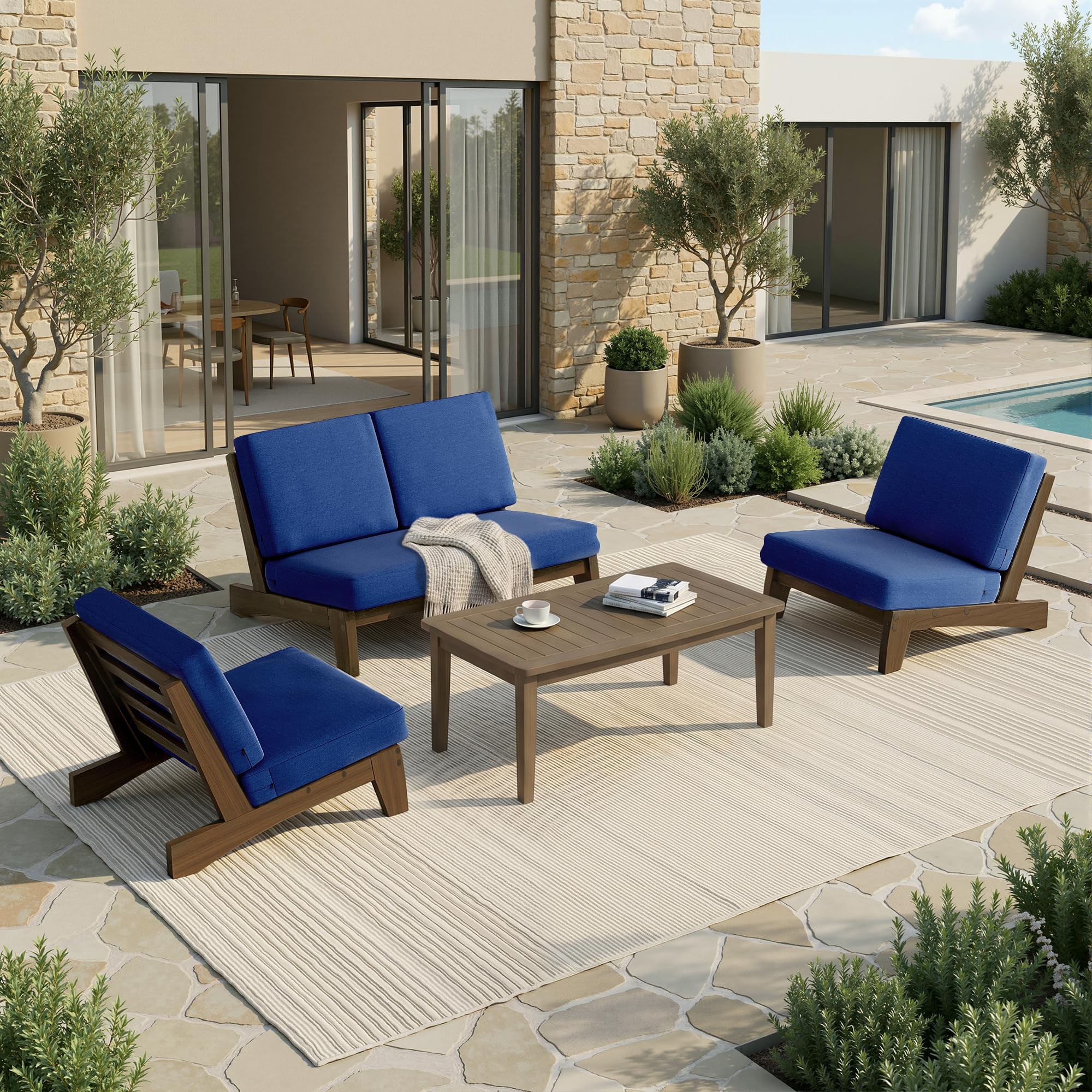 Pia Ricoo 4 Piece Patio Furniture Sets, Outdoor Loveseat Sofa Set with 2 Chairs &amp; Coffee Table, Patio Conversation Set for Backyard, Deck, Lawn, Navy