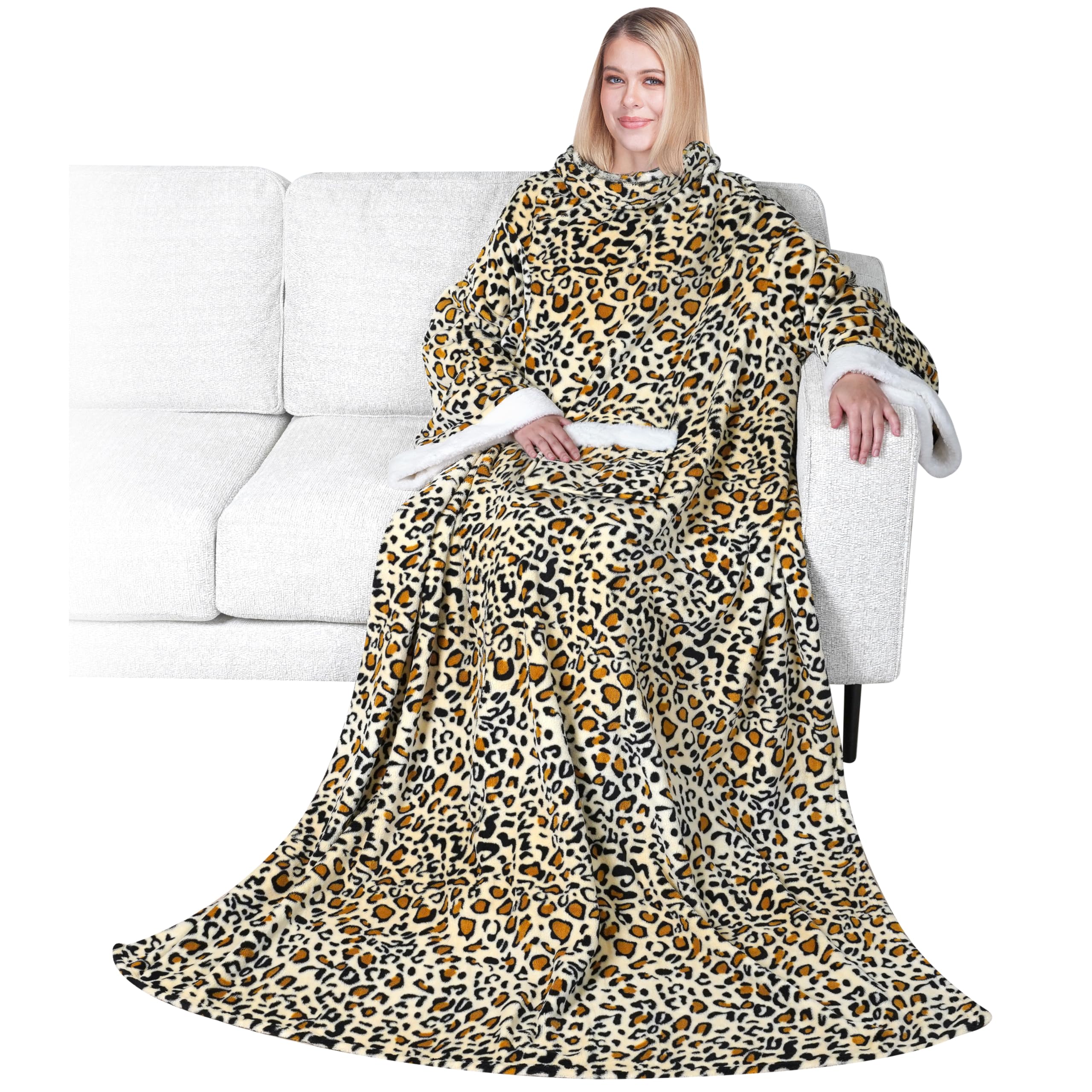 PAVILIA Fleece Blanket with Sleeves for Women Men Adults, Wearable Blanket Warm Soft Plush, Snuggle Pocket Sleeved TV Throw Wrap, Cozy White Elephant Gifts Ideas Mom Wife, Cheetah Print