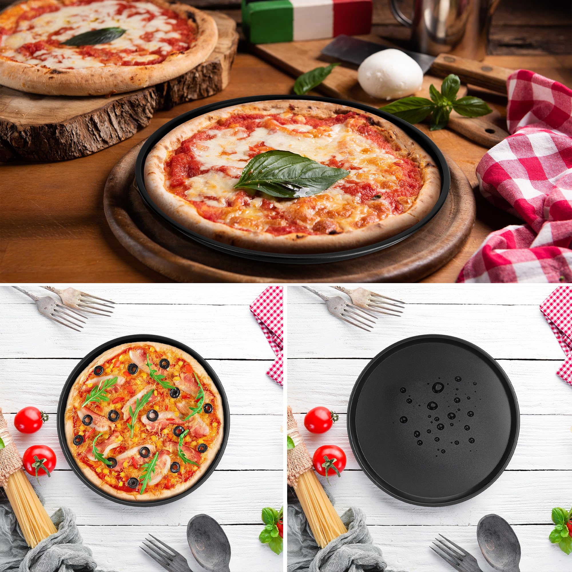 Paquete de 6 bandejas antiadherentes para pizza, bandeja redonda de horno de pizza de 12 pulgadas, bandeja de acero al carbono resistente para hornear pizza para hacer pizza (negro)