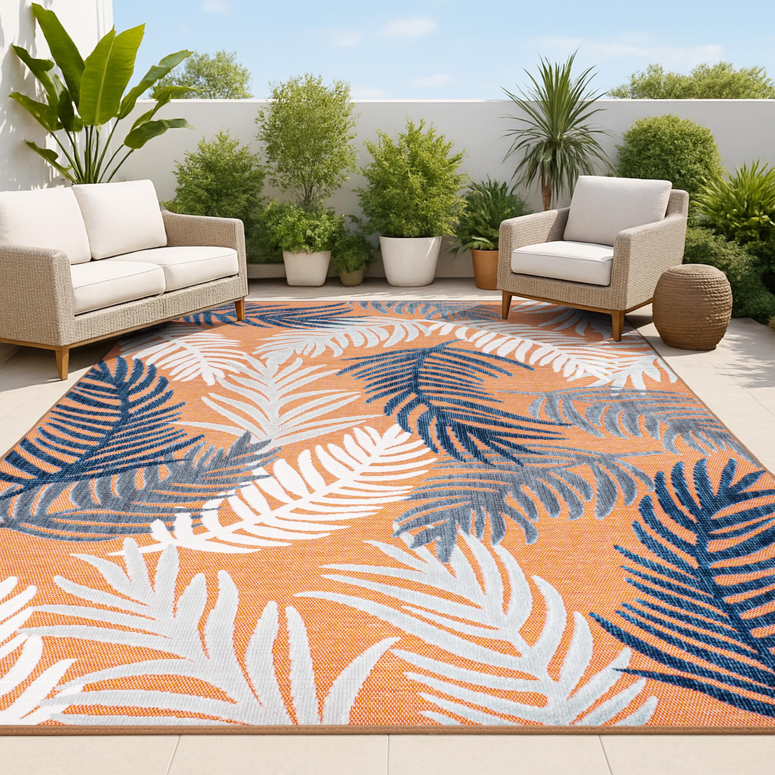 JONATHAN Y Tropical Palm Indoor Outdoor Area Rug 3X5 Orange/Navy/Ivory, Montego High-Low for Backyard, Patio, Porch, Easy-Cleaning, High Traffic,