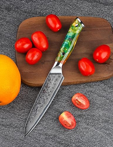 Miniatura 5 de SANMUZUO Cuchillo de cocina de 5 pulgadas cuchillos de cocina de la serie Xuan acero de Damasco VG10 con mango de resina naranja fantasía
