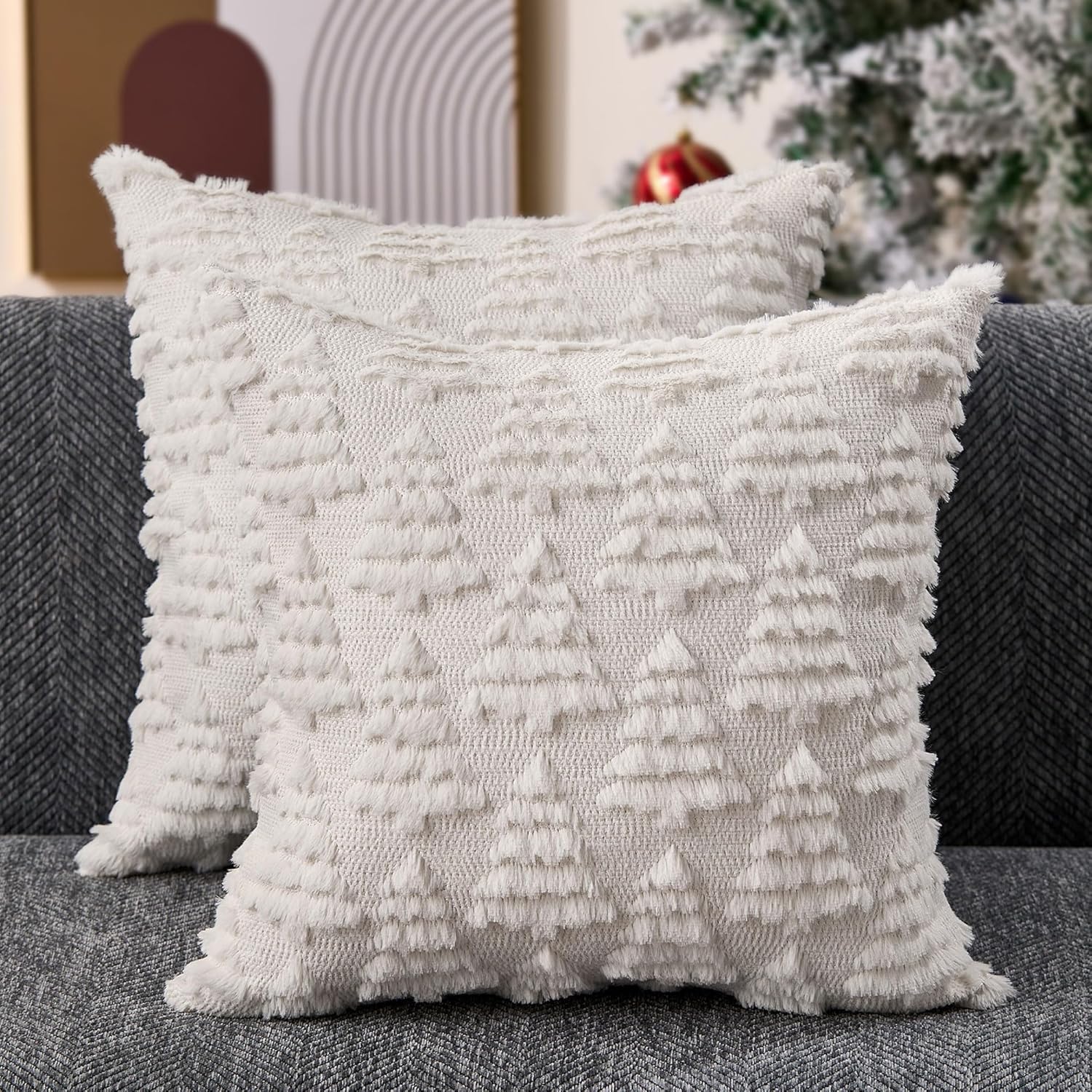 Allorry Christmas Pillow Covers 18x18 Set of 2 Christmas Decoration Navy Blue Xmas Tree Pillow Cases Plush Faux Fur Soft Cushion Case for Winter Xmas Holiday Home Bedroom Sofa Decors SY-003-F18