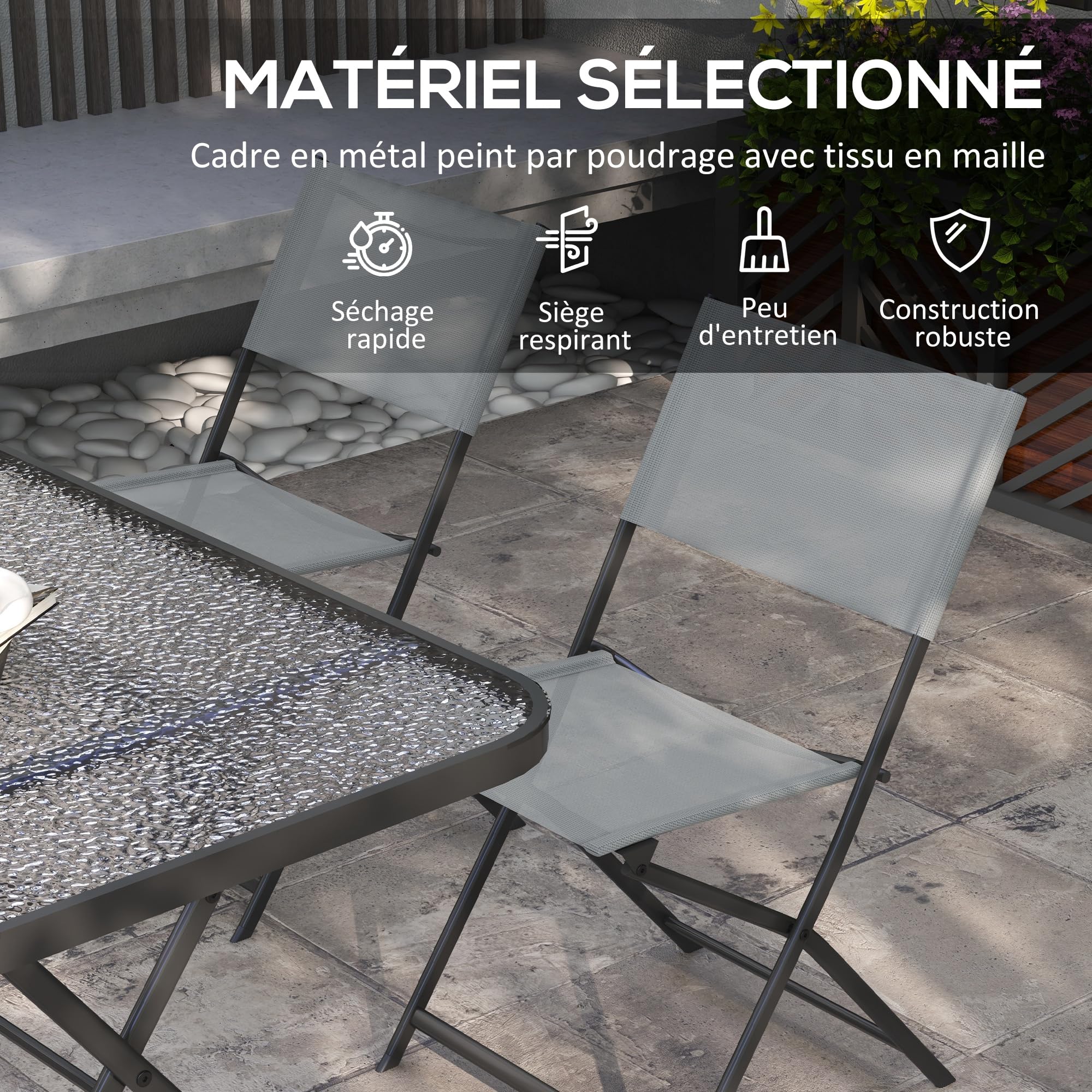Outsunny Ensemble de Jardin 4 chaises + 1 Table Salon de Jardin 5 pièces pilables chaises textilènes et Plateau en Verre trempé Gris