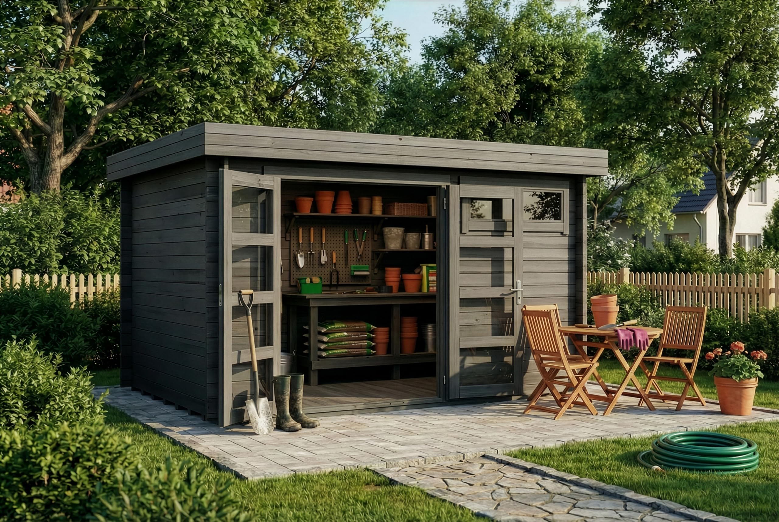 Alpholz Gartenhaus Leandro mit Fußboden aus Holz, Gerätehaus 394x268cm mit 28 mm Wandstärke in Imprägnierung Grau