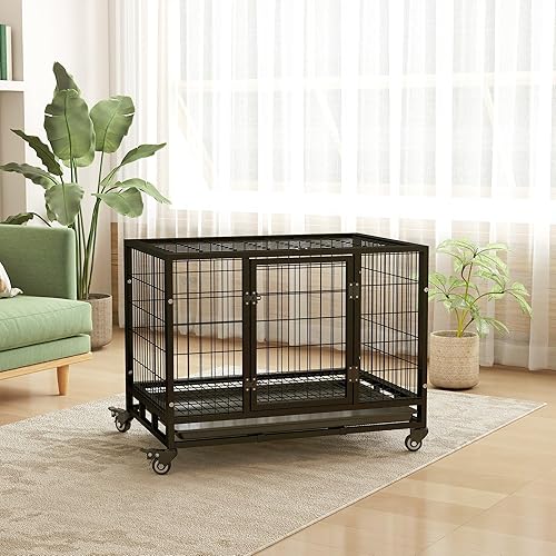 Miniatura 8 de PawHut Jaula para perros resistente de 36 pulgadas, jaula indestructible con bandeja extraíble, ruedas con cerradura y puerta doble, para perros