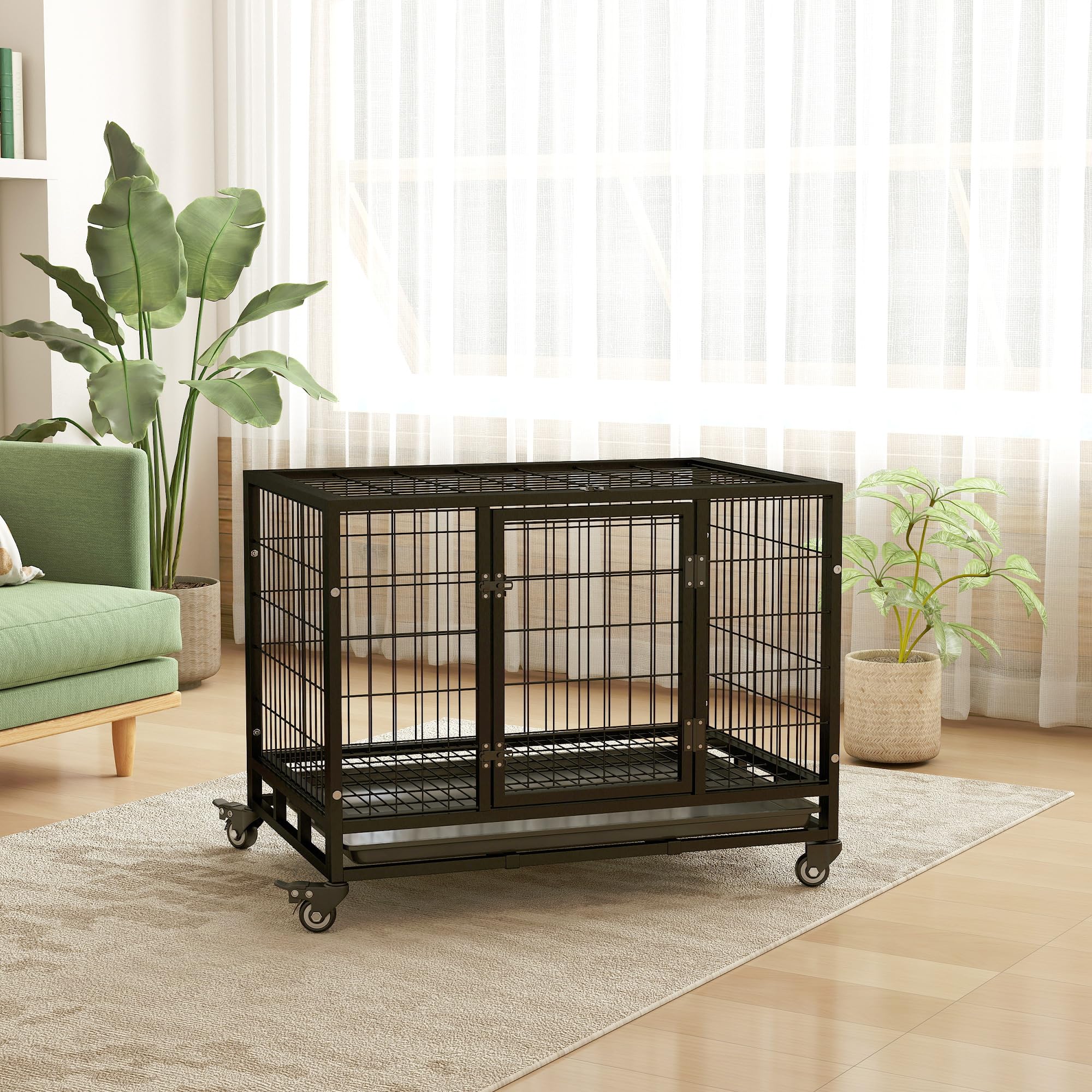 PawHut Jaula de Metal para Perros con Ruedas y Frenos Bandeja Extraíble y Puerta con Pestillo para Golden Retriver Labrador 92x62x75 cm Negro