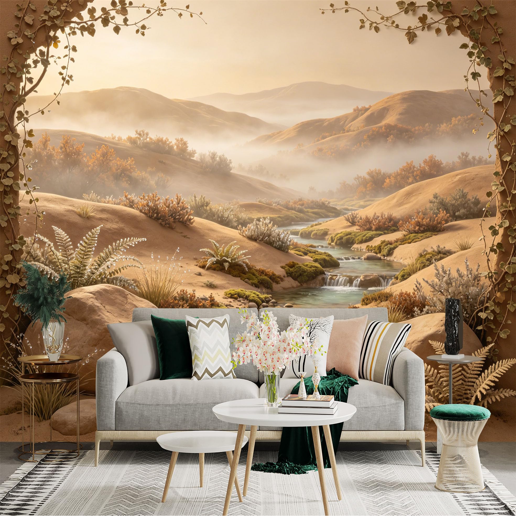 Custom Size Wall Sticker Mural， Desert Oasis with Flowing Stream， Golden Sand and Misty Hills， for wall Decoration， peelandstick wall Decals.