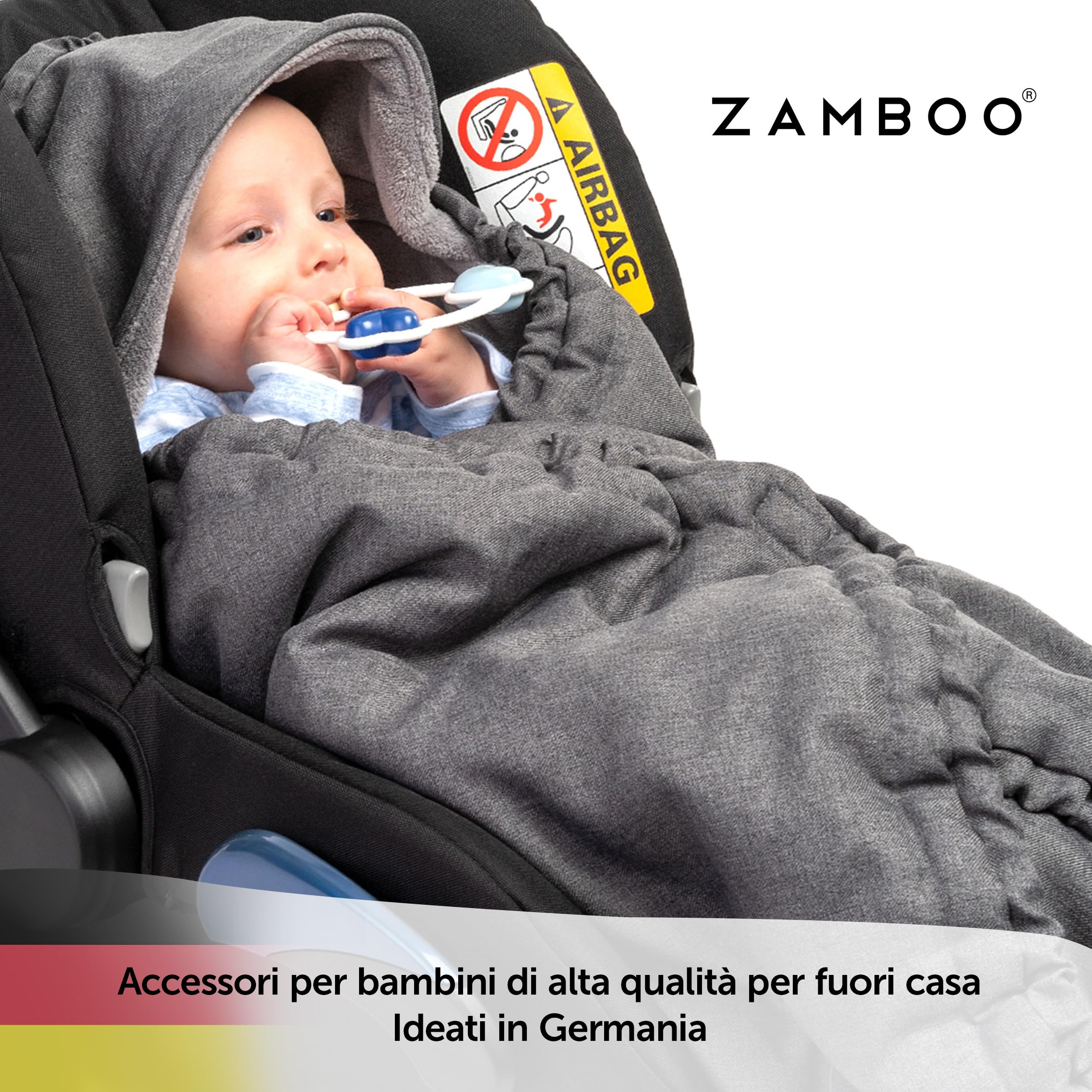 Zamboo Coperta Neonato con Aperture per Cinture e Borsa - Copertina Ovetto Invernale utilizzabile come Sacco a Pelo - Grigio