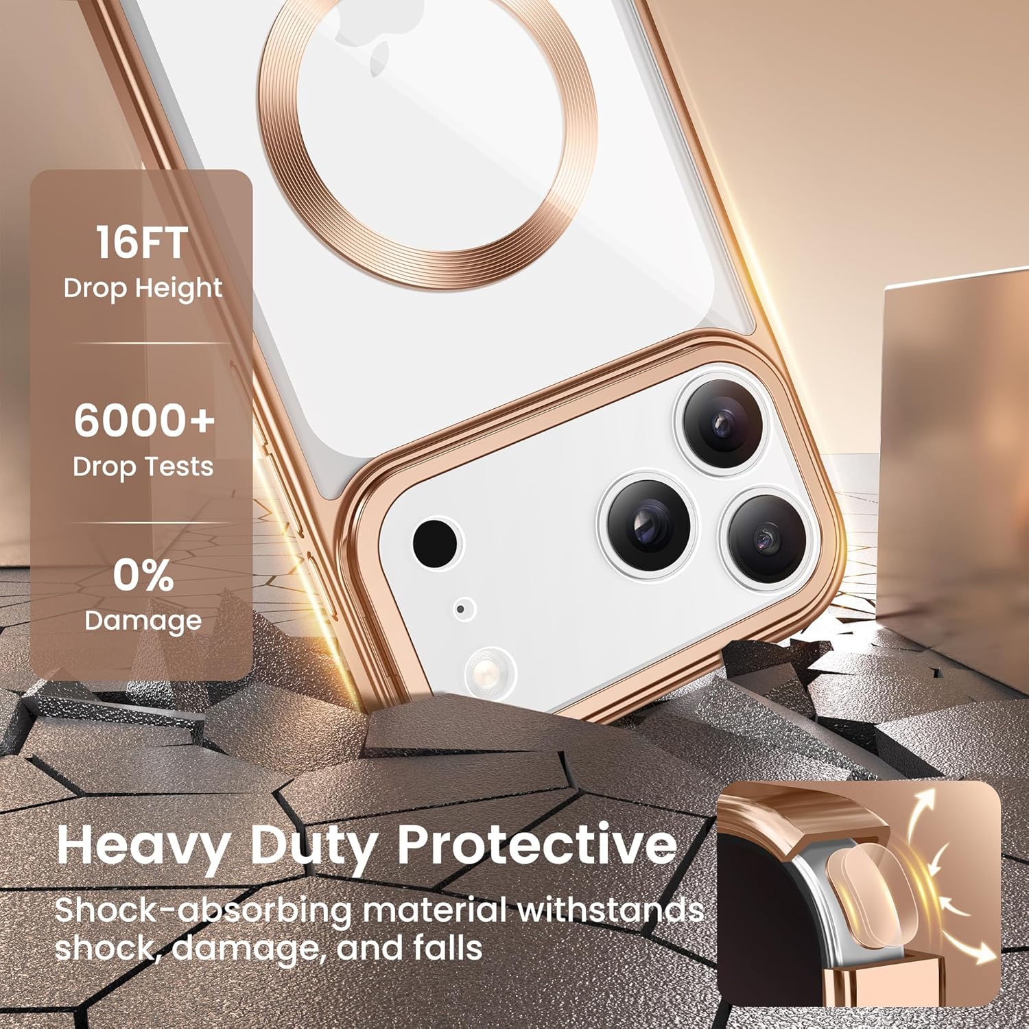 GolbinBox for iPhone 17 Pro Max Case with Stand, Compatible with MagSafe, Camera Control Button, Military-Grade Shockproof Protection, Plating Edge Phone Cover for 17 Pro Max 6.9'', Rose Gold/Clear