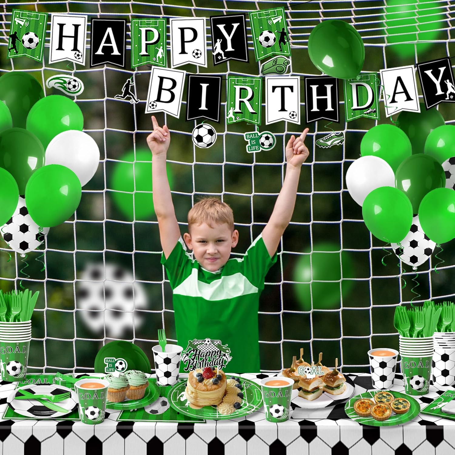 232 Pcs Soccer Party Decorations - Serves 30 with Plates and Napkins, Cups, Forks, Birthday Banner, Swirls, Cake Toppers, Balloons, Tablecloths, Forks, Knives for Soccer Birthday Party Supplies - Image 3