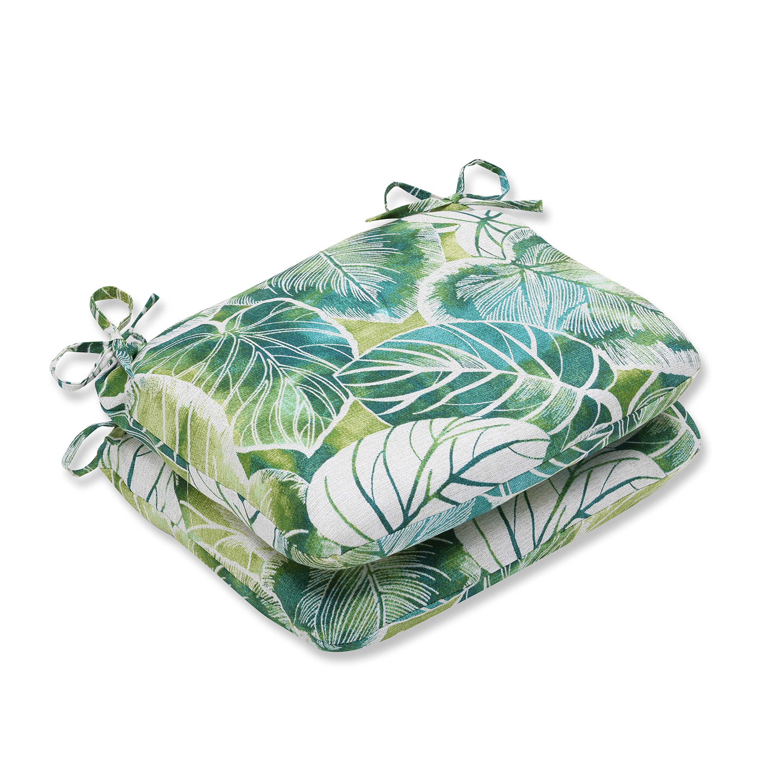 Pillow Perfect Tropic Floral Indoor/Outdoor Round Corner Chair Seat Cushion with Ties, Plush Fiber Fill, Weather, and Fade Resistant, 15.5" x 18.5", Green/Ivory Key Cove, 2 Count