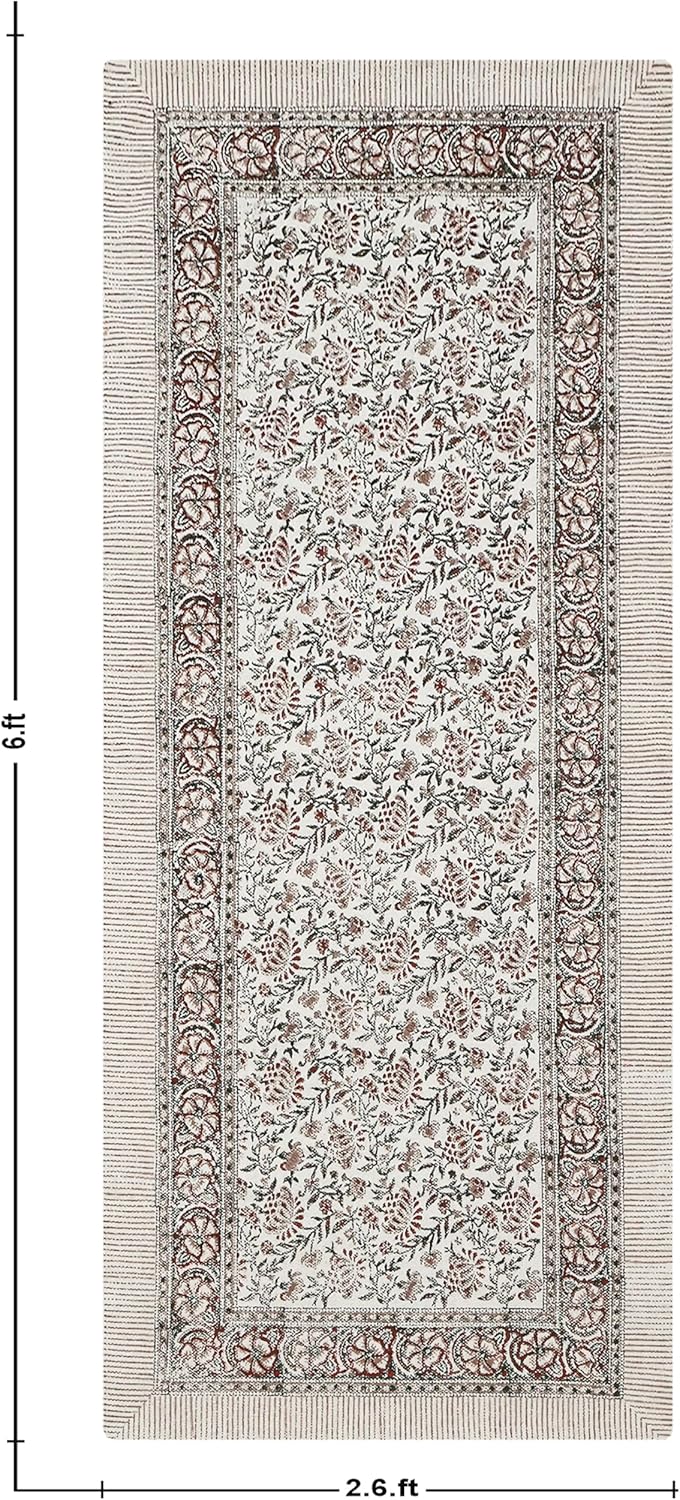Cotton Runner 2x12 Kilim Runner Beige Green Floral Design Hand Block Printed Cotton Dhurrie Hand Surface Wash Boho Rug 0.19" Thick Indoor Outdoor Flatweave Rugs for Hallway,Staircases,Corridor