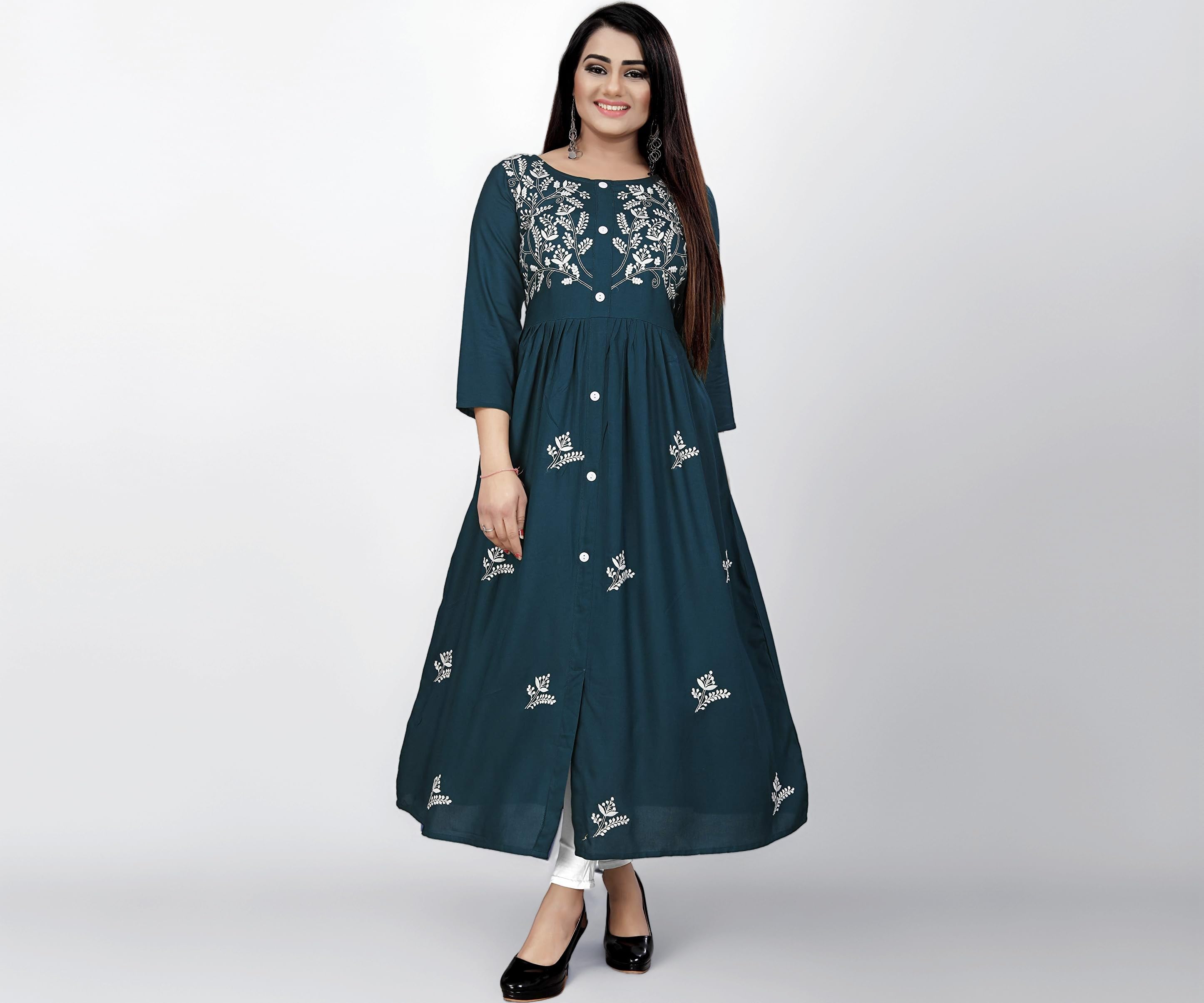 Women's Rayon Flared Embroidery Kurti Under 599 Designer Attractive Look Women's Kurta