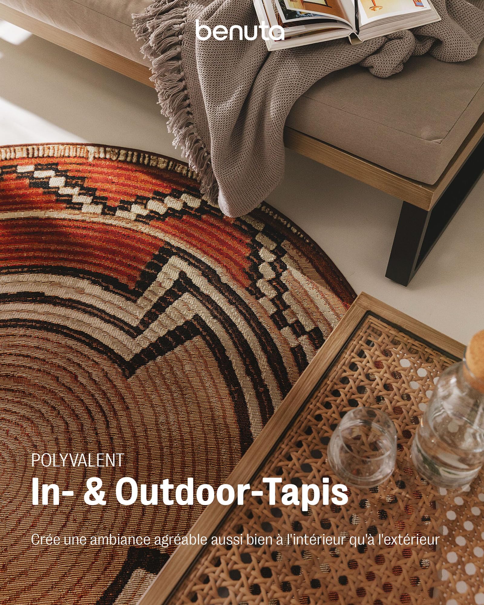 benuta Tapis d'intérieur et d'extérieur ARTIS Beige/cuivre Rond Ø 160 cm – Tapis coloré pour l'intérieur et l'extérieur – Convient au Chauffage au Sol