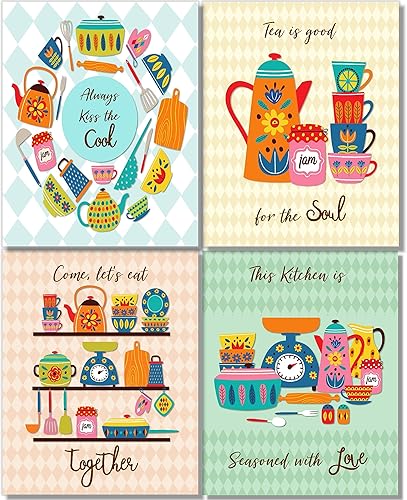 Decoración de pared vintage colorida para cocina, arte retro, juego de 4, 8 x 10, sin marco