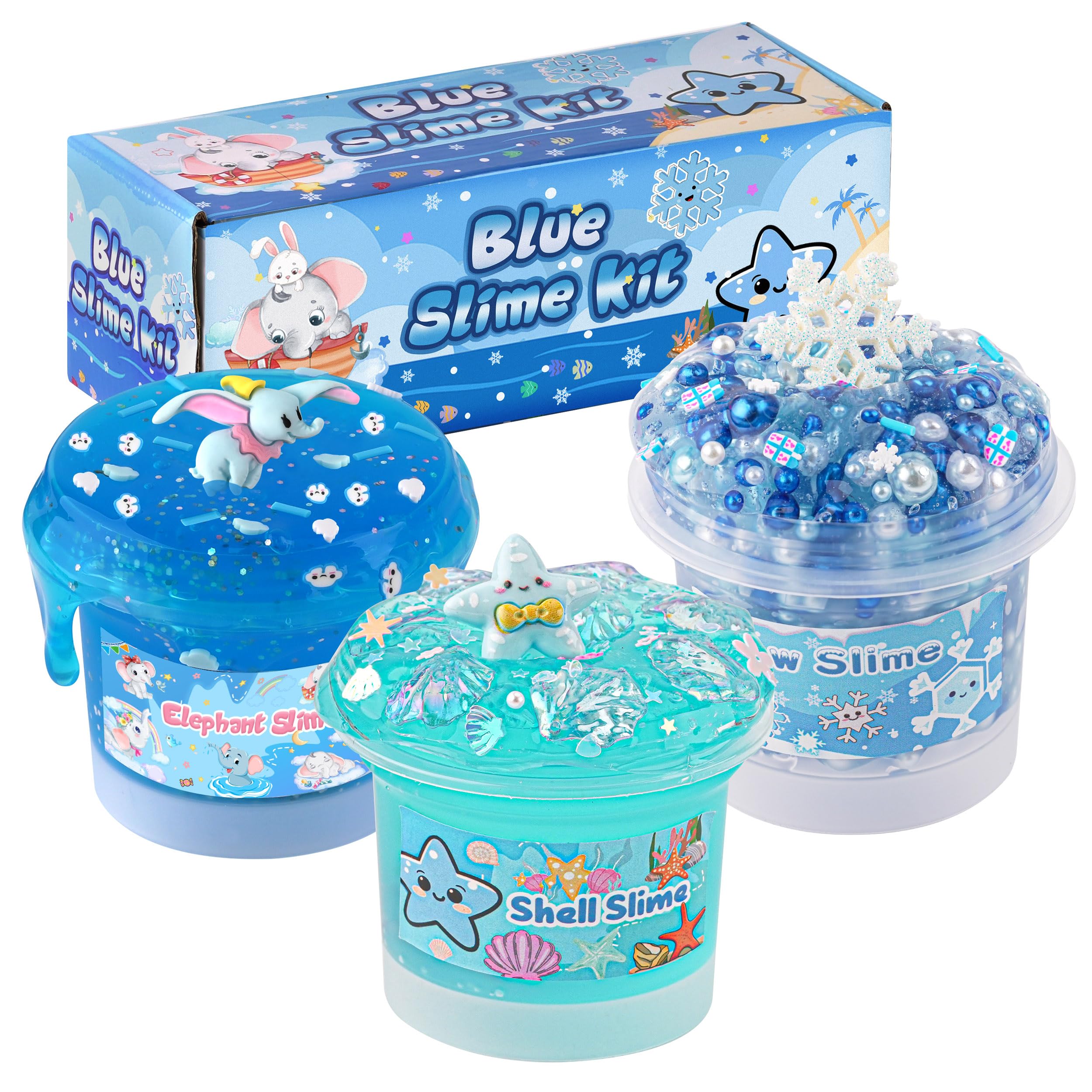 3 x 100mL Blue Slime Kit for Girls & Boys: Includes Clear, Water & Pearl Bead Crunchy Slime, Sensory Experience DIY Slimes Set, Slimes Party Favors for Kids Birthday Easter Halloween Teens Gift
