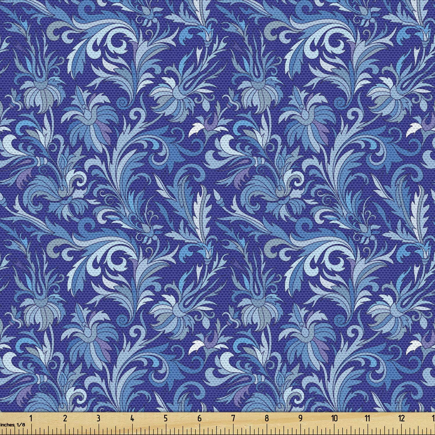 Lunarable Navy Blue Fabric by The Yard, Oriental Pastel Floral Hand Drawn Ornate Flower Pattern Eastern Graphic Design, Decorative Fabric for Upholstery and Home Accents, 3 Yards, Cobalt Blue