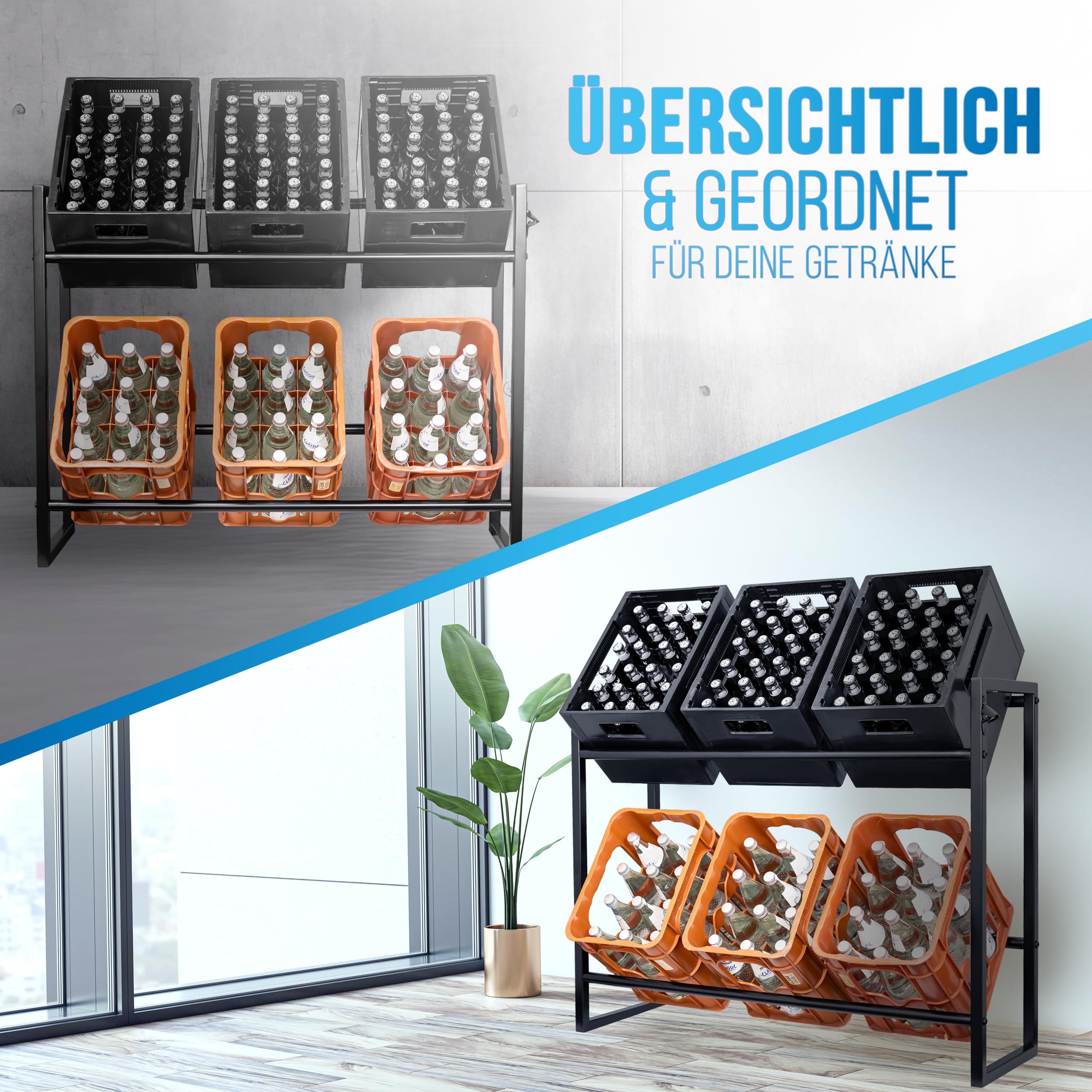 ATHELON® Getränkekistenregal für 6 Kisten - Platzsparendes Getränkeregal inkl. Flaschenöffner & Bodenschutz - Verbessertes Kistenregal [2024] - Getränkekistenhalter aus Metall
