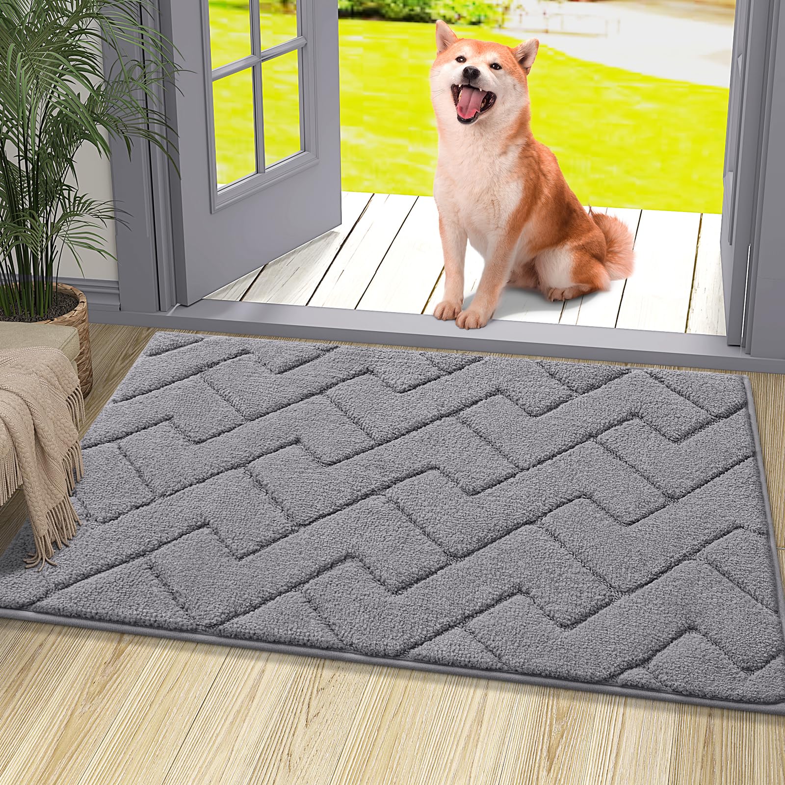 olanly indoor door mat, 36x24, dirt resistant and absorbent, sturdy non-slip rubber backing, easy to clean, washable low-profile doormat for entryway, medium gray